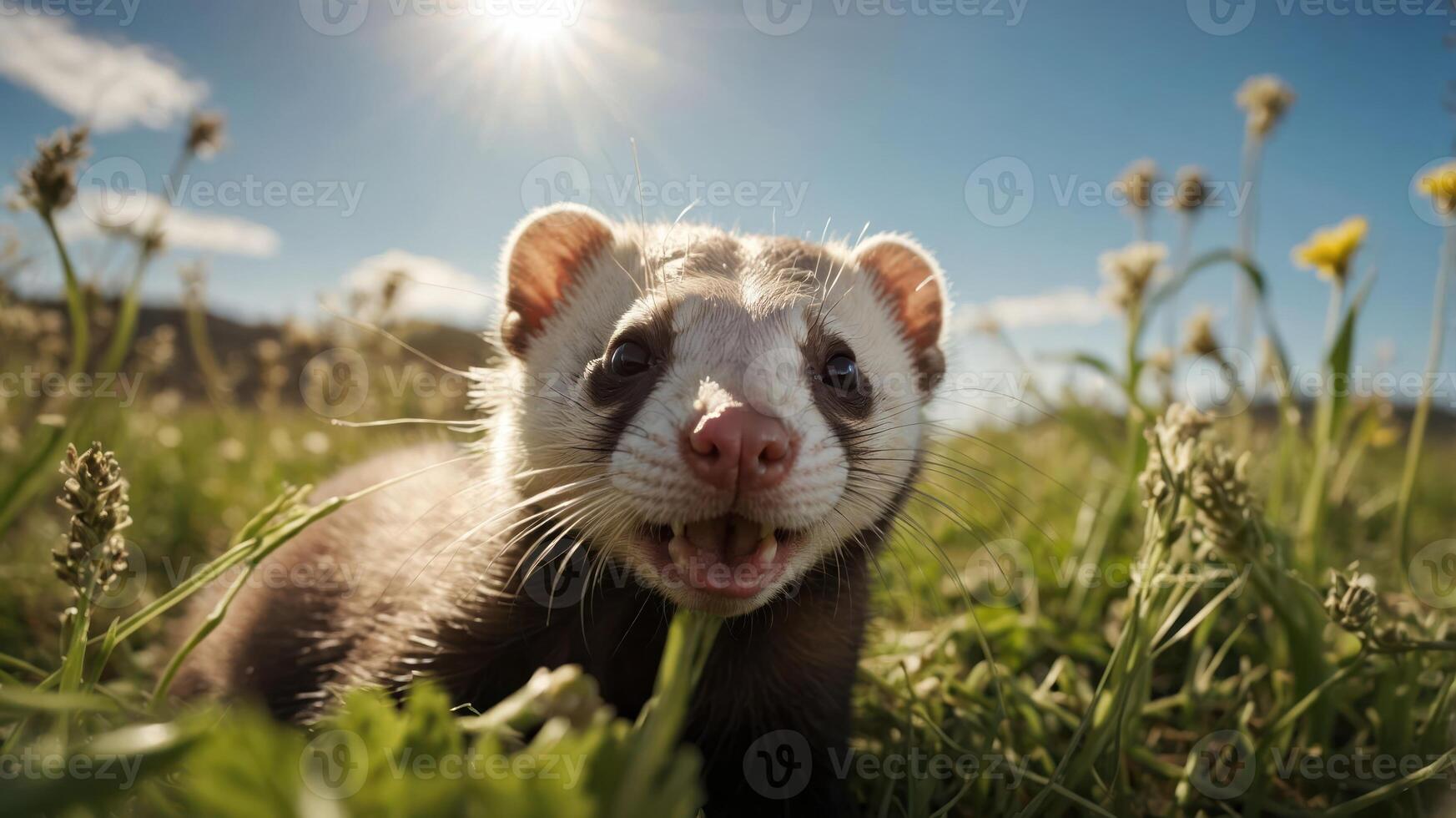 A close-up of a playful ferret in a sunny field, showcasing its curious expression. photo