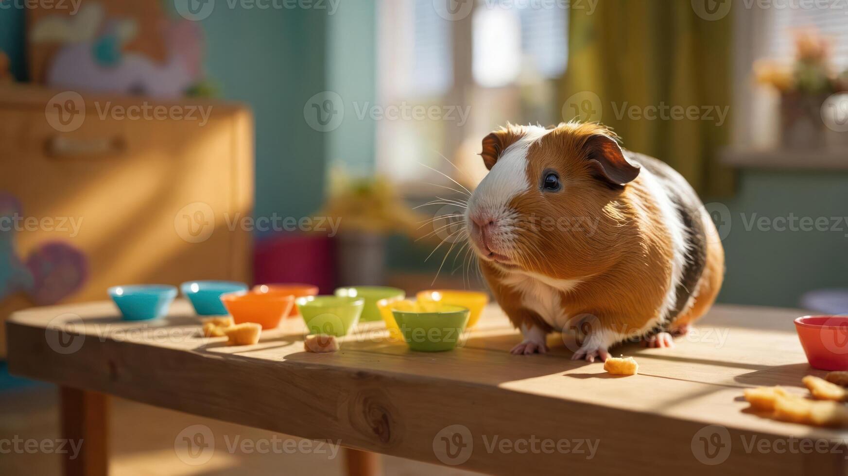 A guinea pig sits on a table surrounded by colorful bowls and snacks in a bright room. photo
