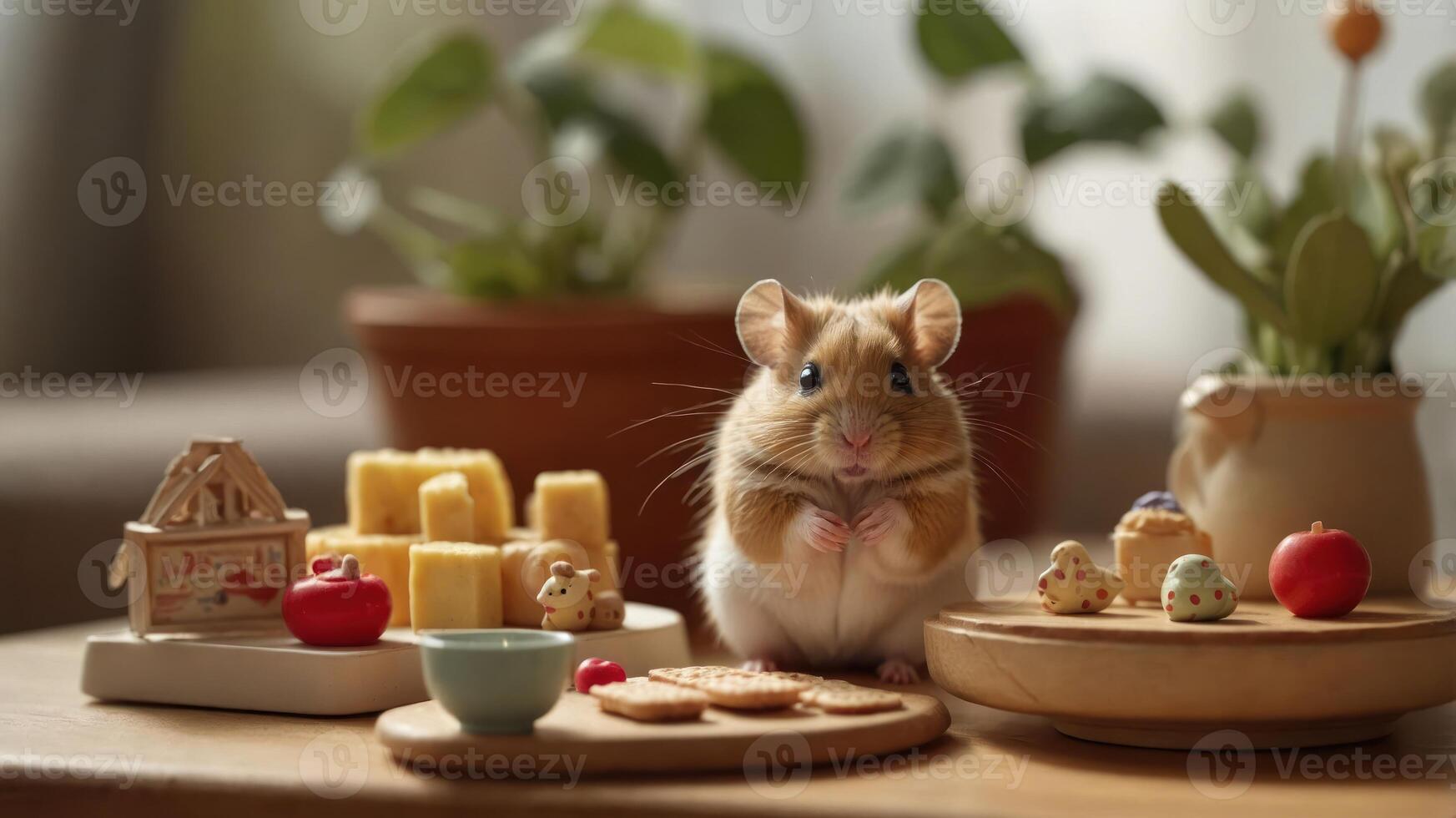 A cute hamster surrounded by snacks and decorations on a wooden table. photo