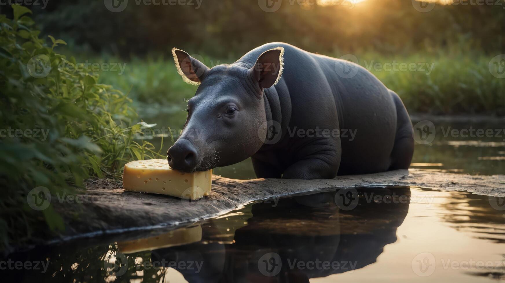 A tapir resting by the water, curiously interacting with a block of cheese. photo