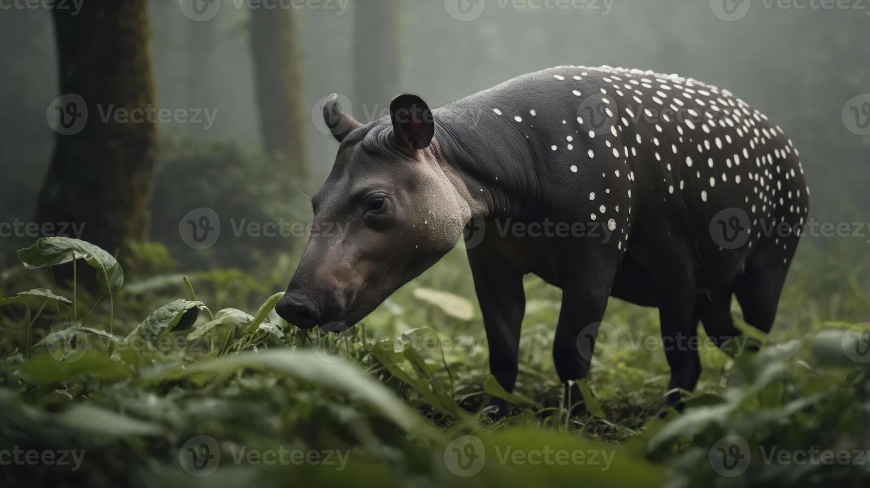 A tapir stands in a misty forest, surrounded by lush greenery and soft light. photo