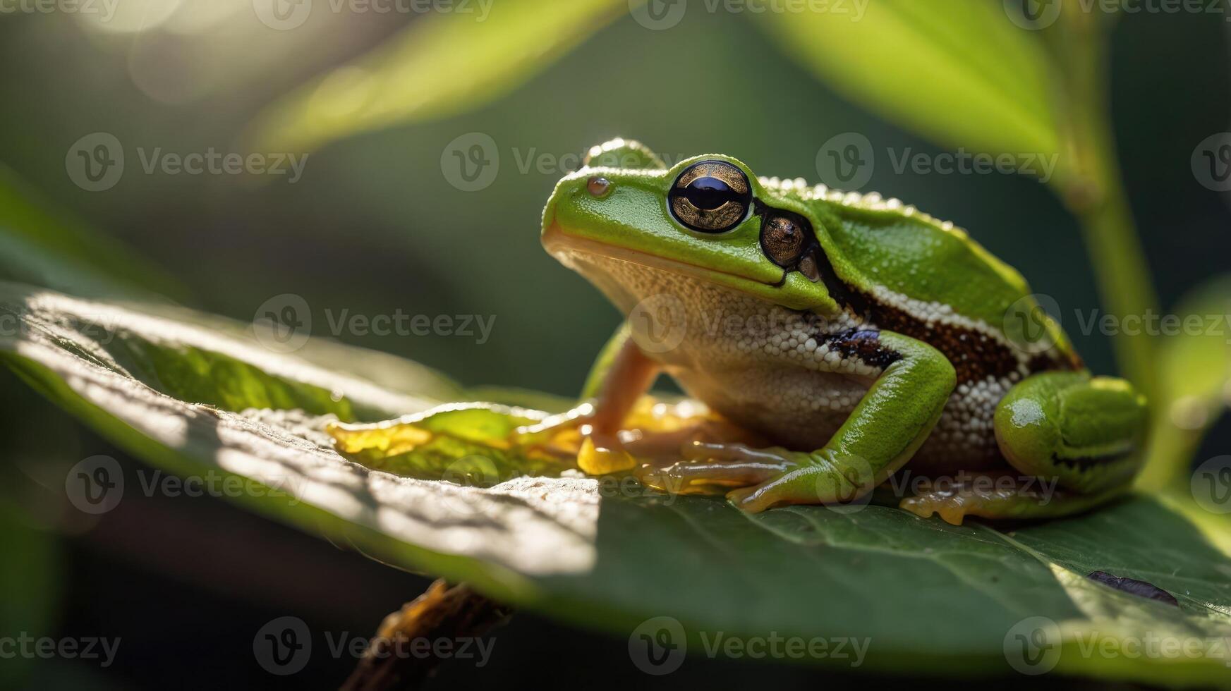 A close-up of a vibrant green frog resting on a leaf in a natural setting. photo