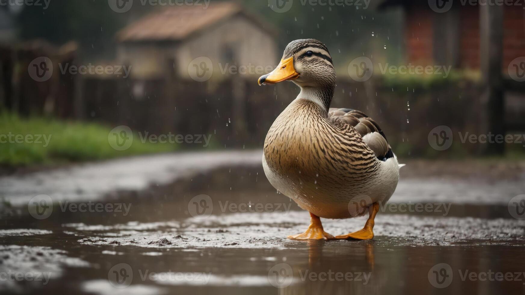 A duck standing in a puddle during rain, showcasing its vibrant feathers and serene demeanor. photo