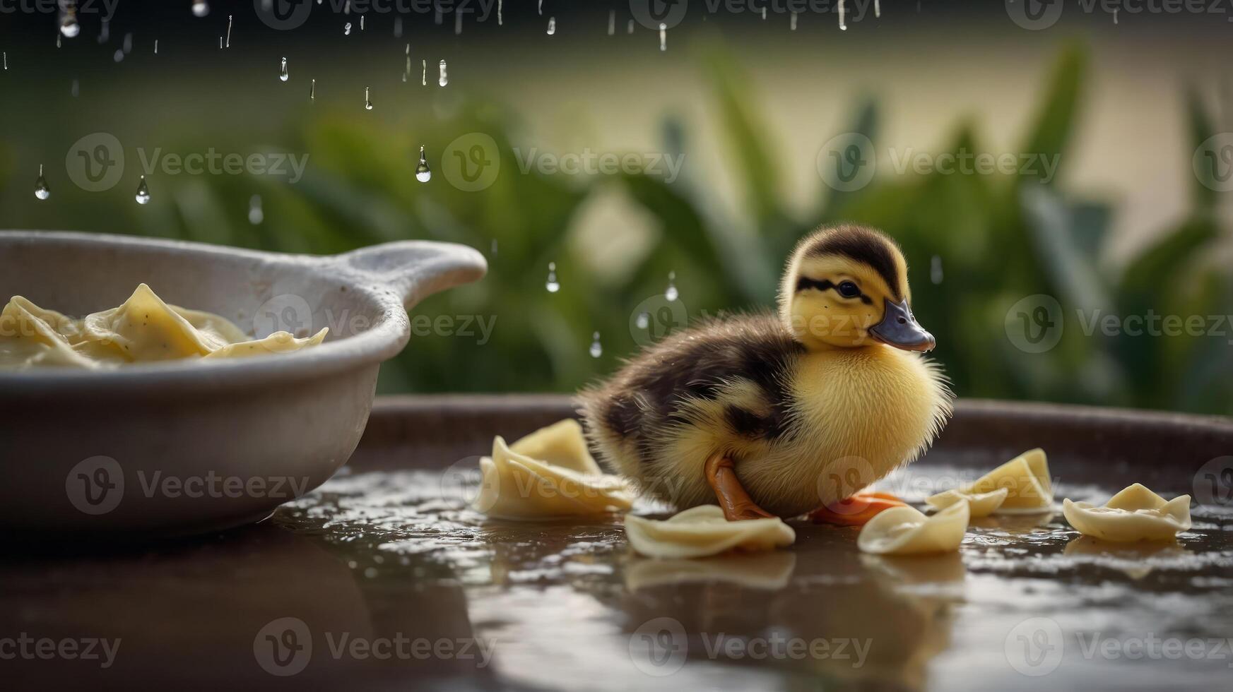A duckling stands amidst pasta and rain, creating a whimsical and playful scene. photo