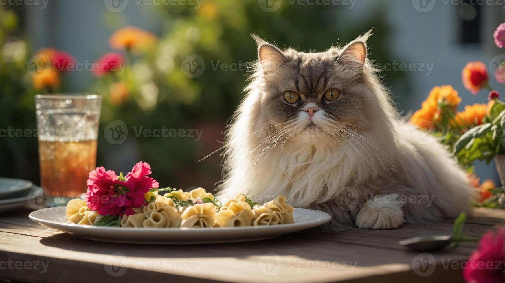 A fluffy cat sits beside a plate of pasta on a table adorned with flowers. photo