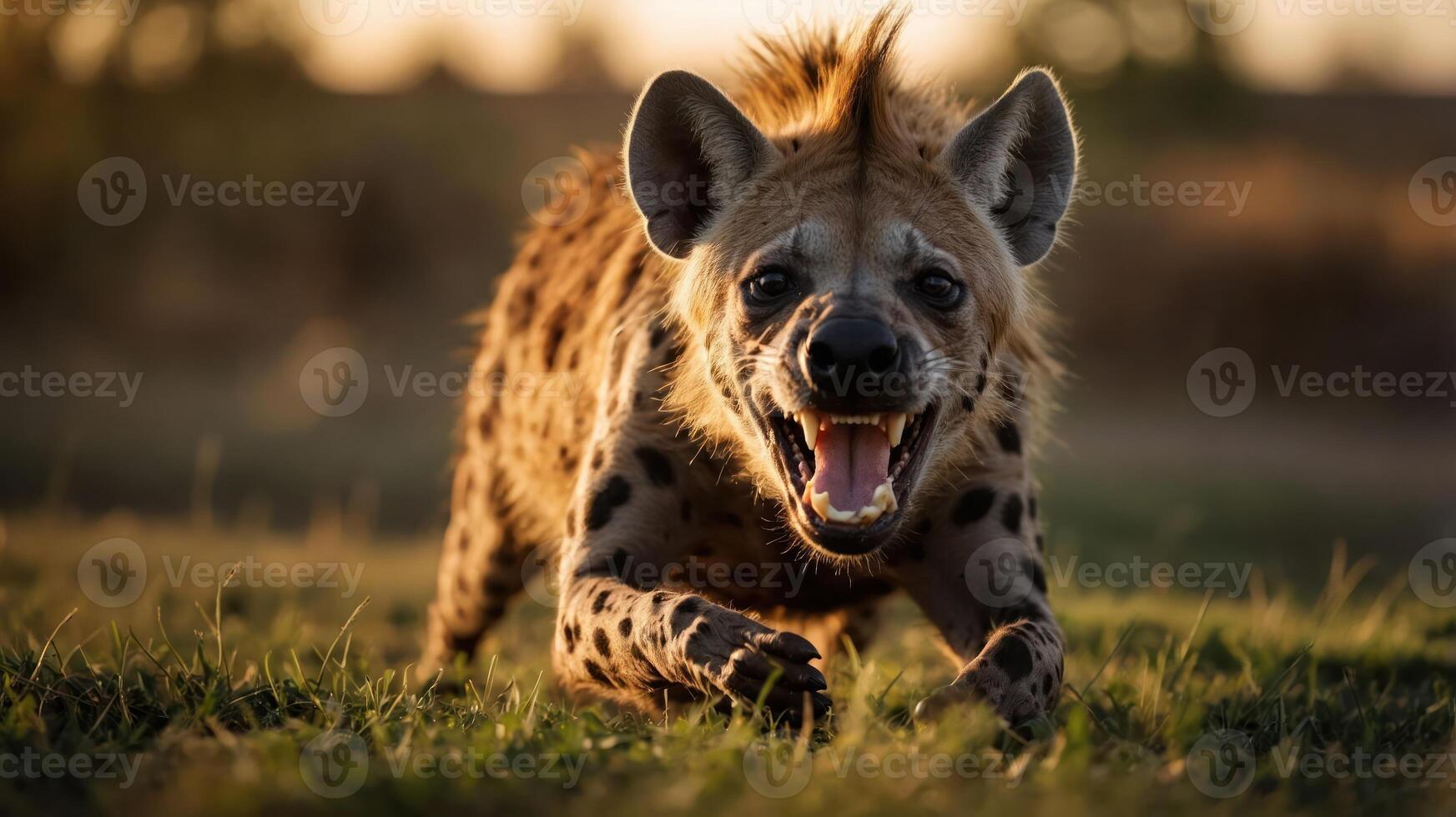 A hyena running in a grassy field, showcasing its powerful build and expressive features. photo