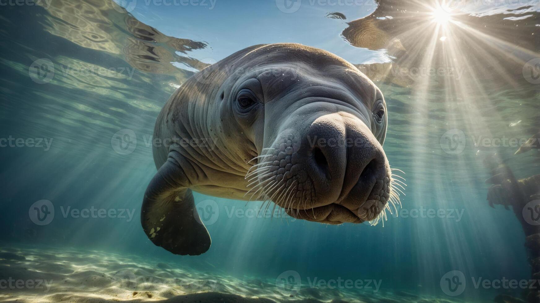 A serene underwater scene featuring a curious manatee swimming gracefully. photo