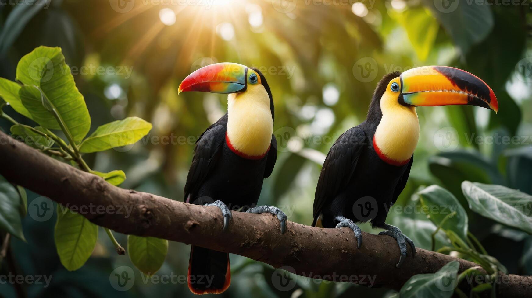 Two colorful toucans perched on a branch amidst lush greenery and sunlight. photo