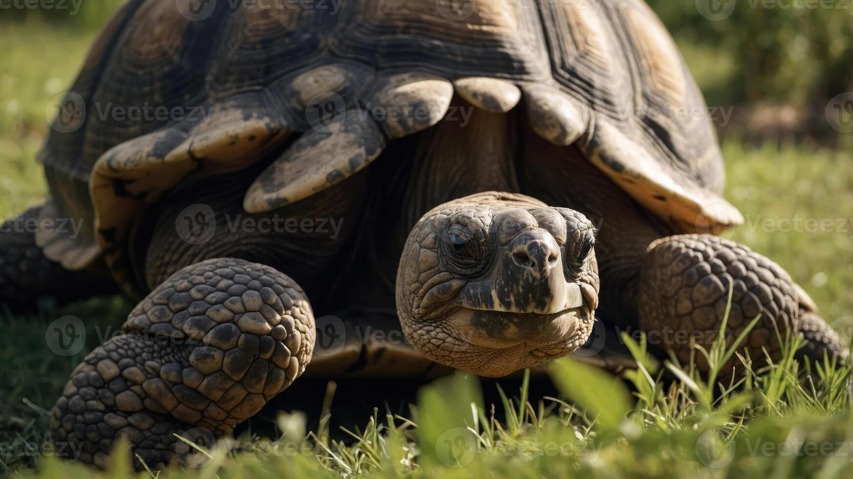 A close-up of a tortoise resting on green grass in a natural setting. photo