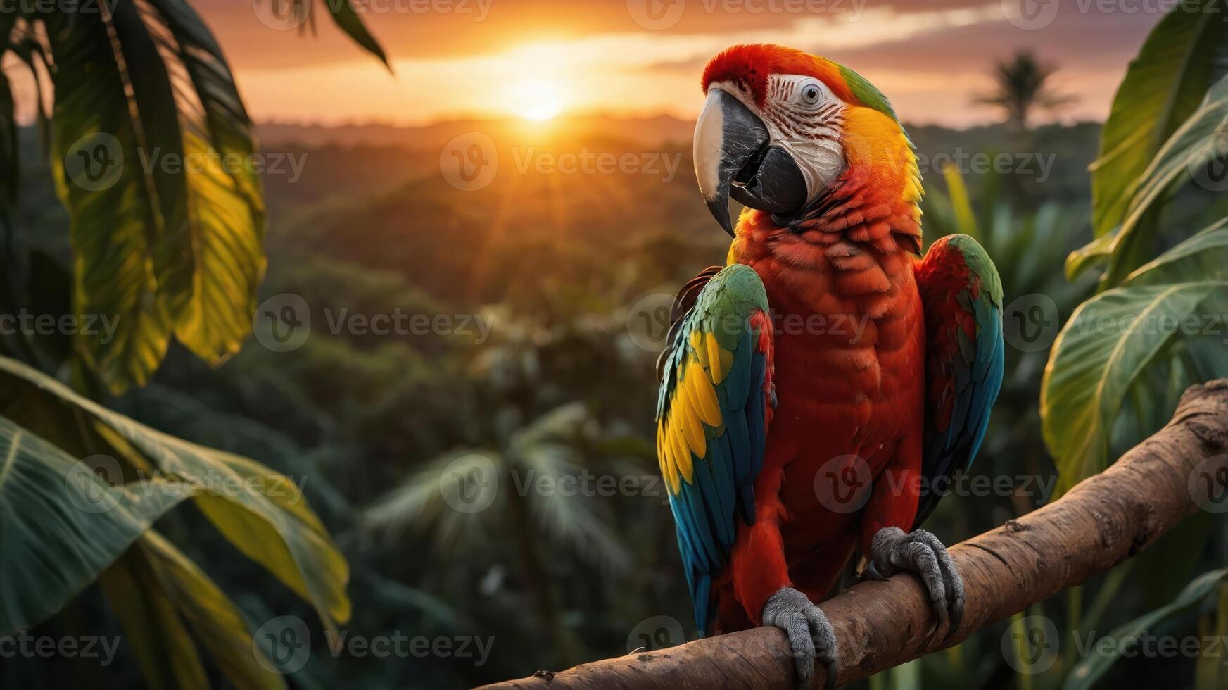 A vibrant parrot perched on a branch against a sunset backdrop in a lush environment. photo