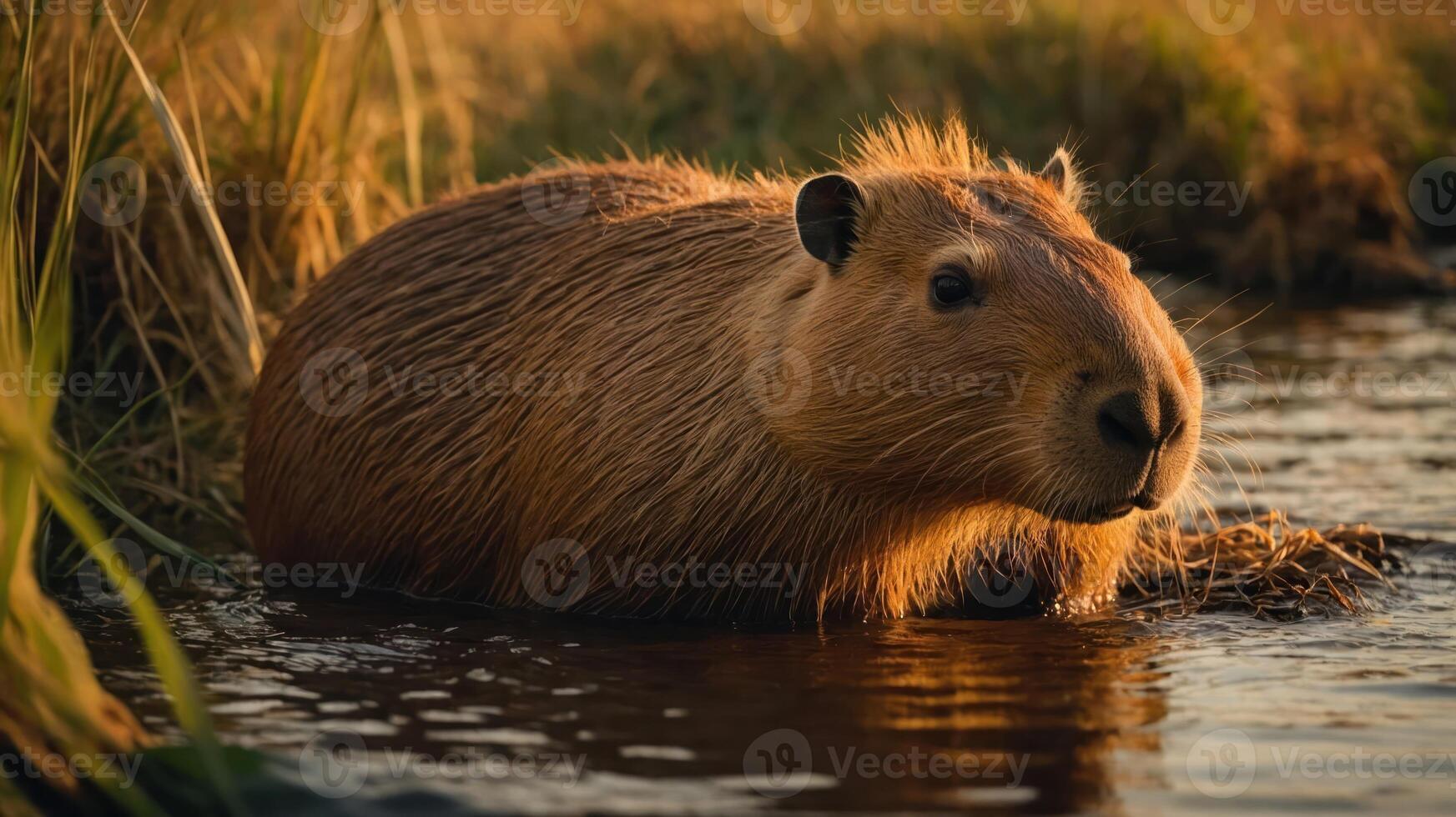 A capybara resting near water, surrounded by tall grass in a serene natural setting. photo