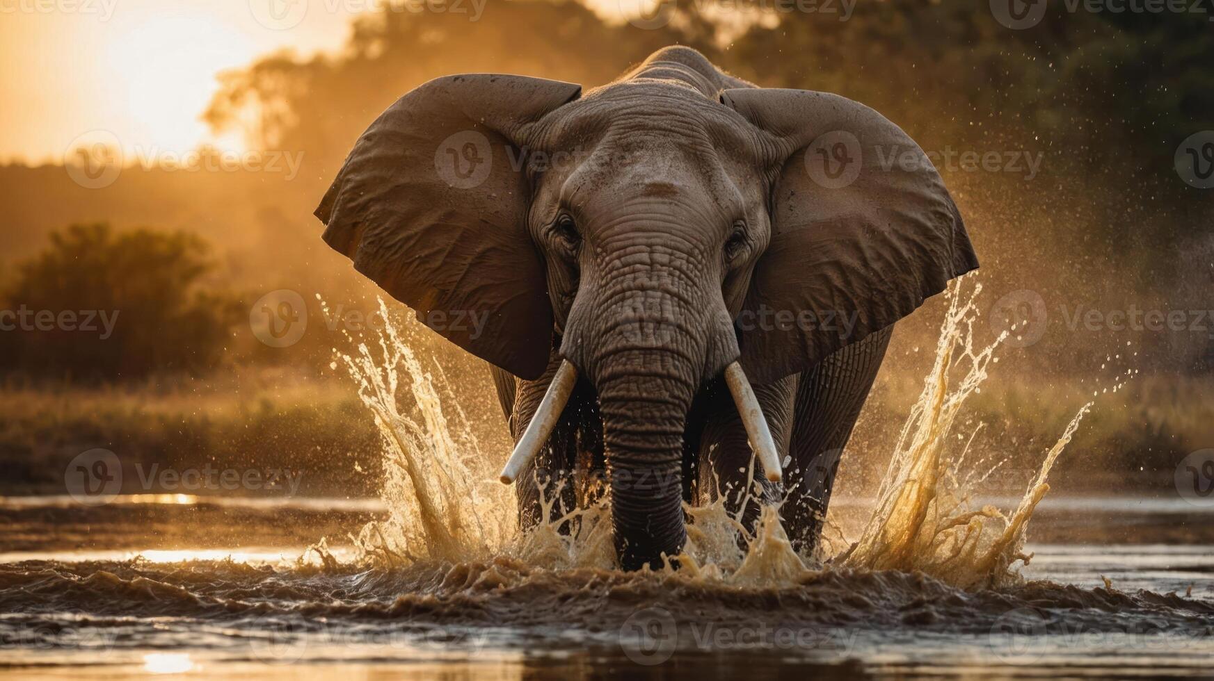 An elephant splashes through water at sunset, showcasing wildlife in a natural habitat. photo