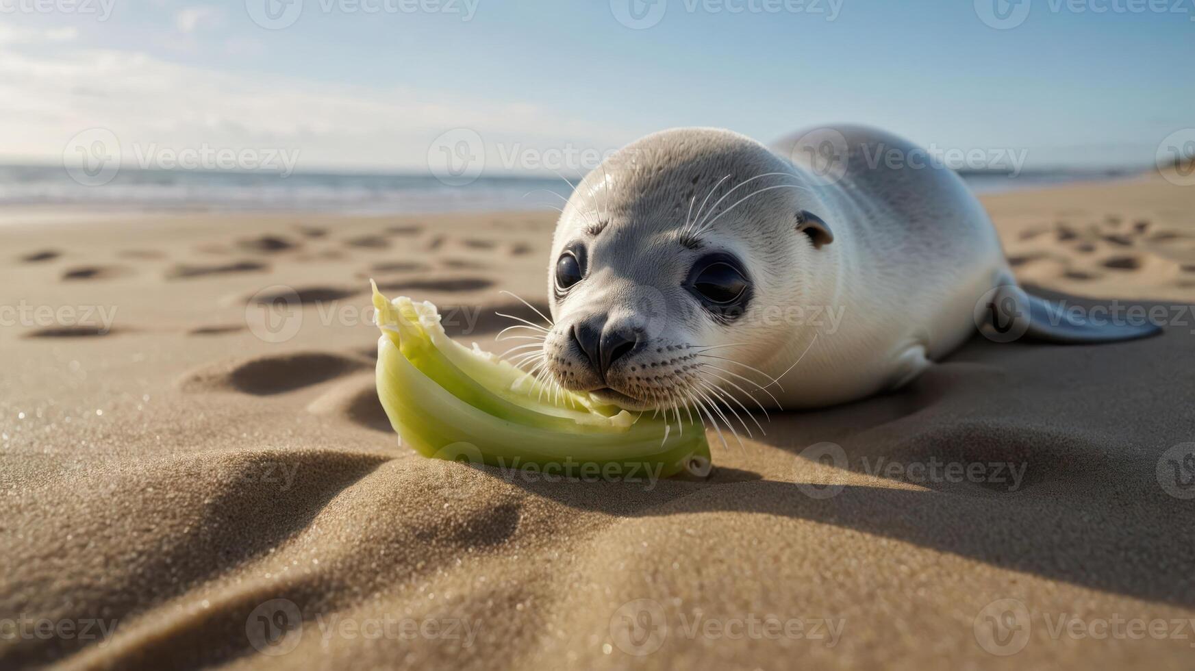 A seal lounging on the beach, playfully nibbling on a piece of celery. photo