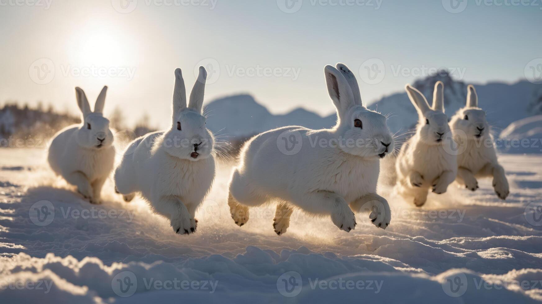 A group of white rabbits running through snowy terrain with sunlight in the background. photo