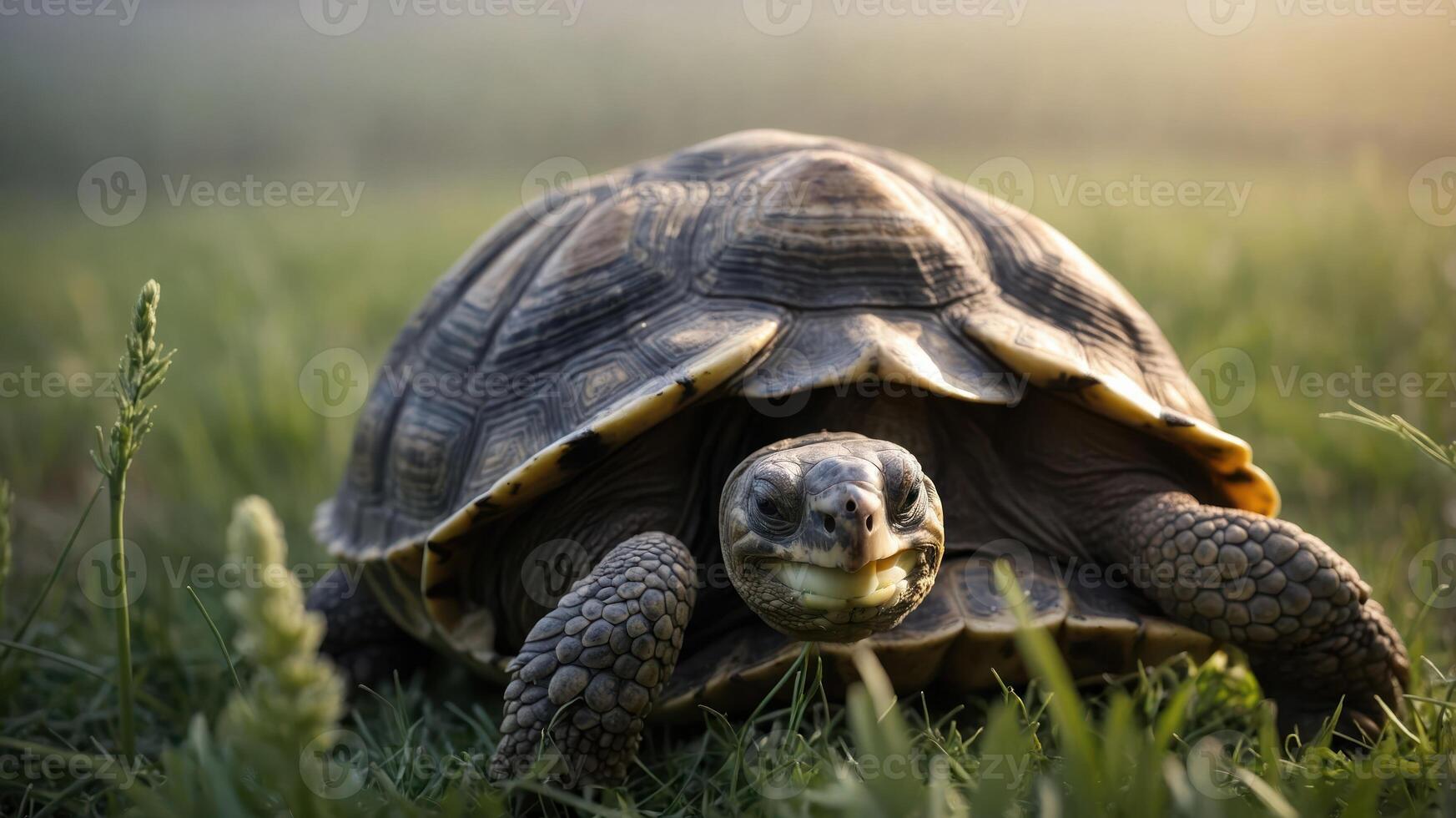A close-up of a tortoise on grass during golden hour, showcasing its features and environment. photo
