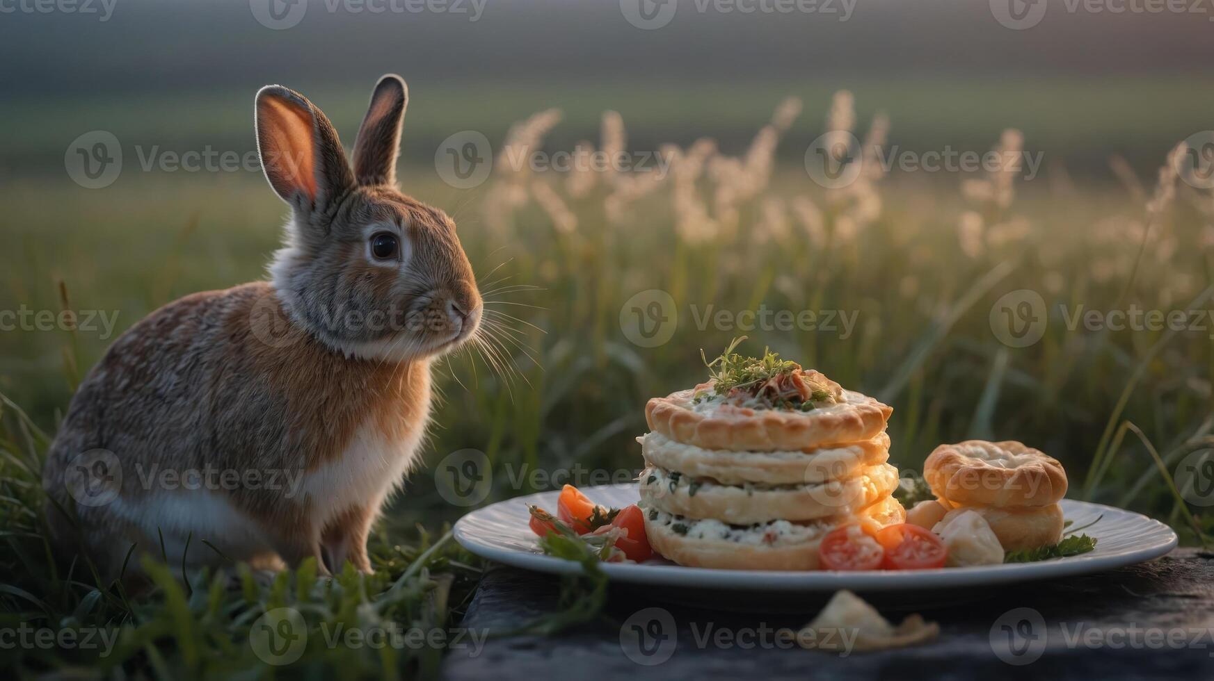 A rabbit sits beside a plate of stacked pancakes and vegetables in a serene outdoor setting. photo