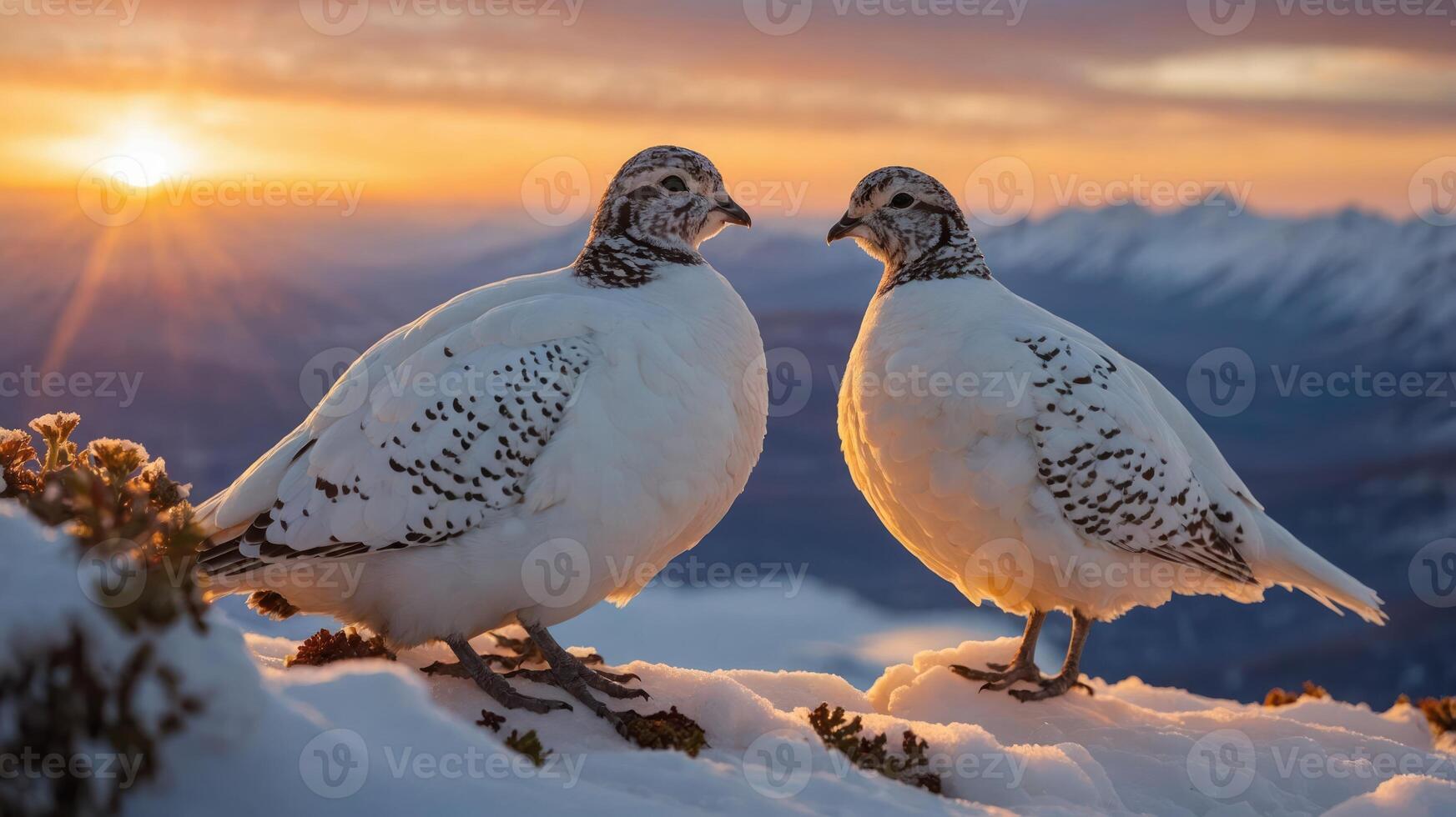 Two white birds stand on a snowy landscape at sunset, showcasing nature's beauty. photo