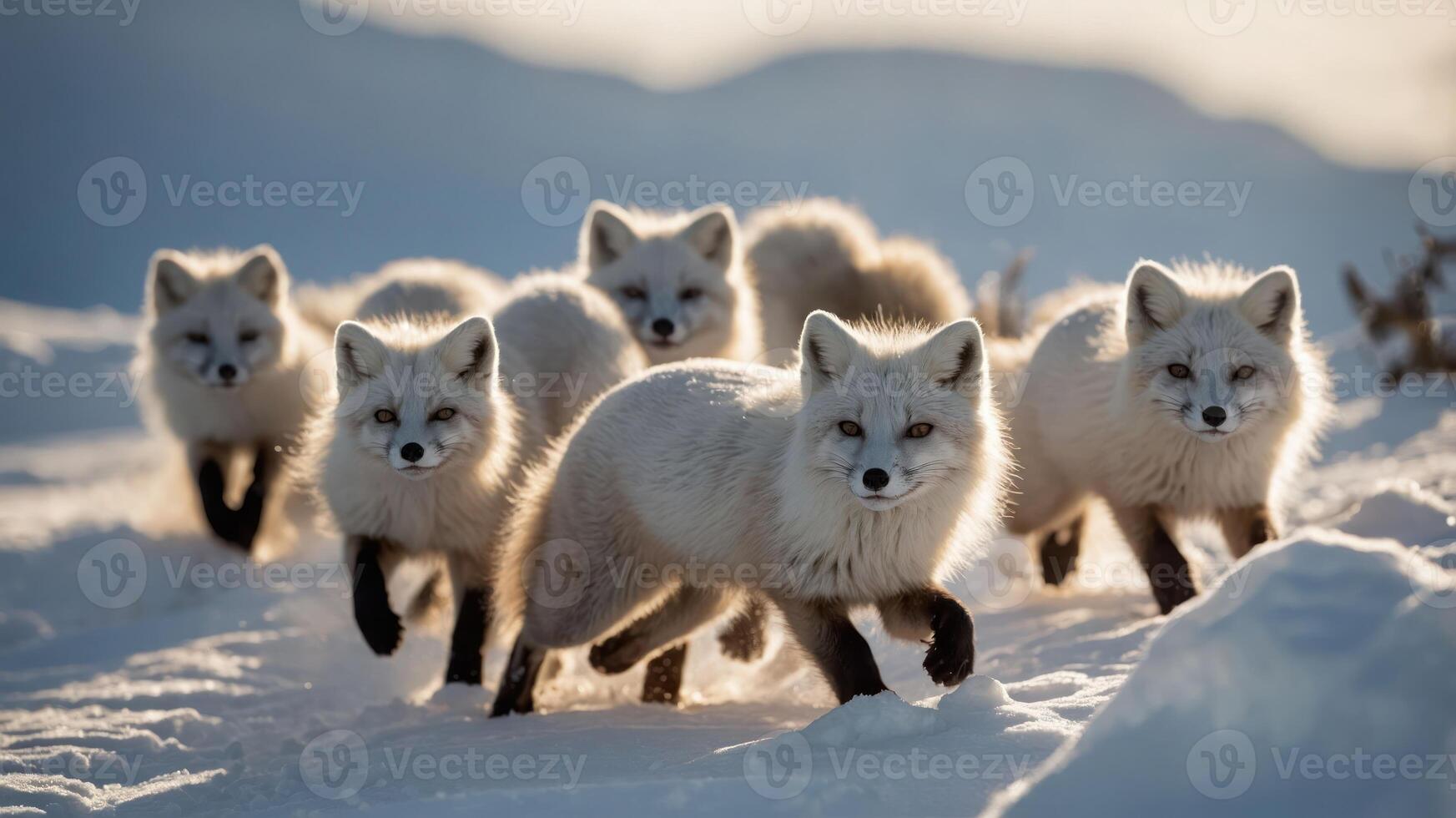 A group of arctic foxes running through the snow in a picturesque winter landscape. photo