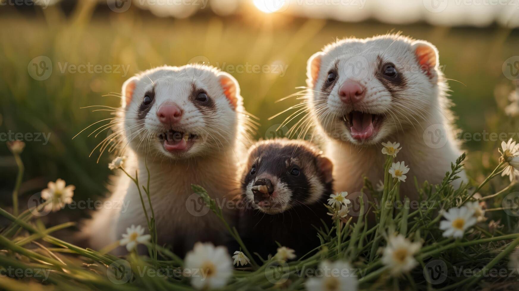 Three adorable ferrets playing in a sunlit grassy field with flowers. photo