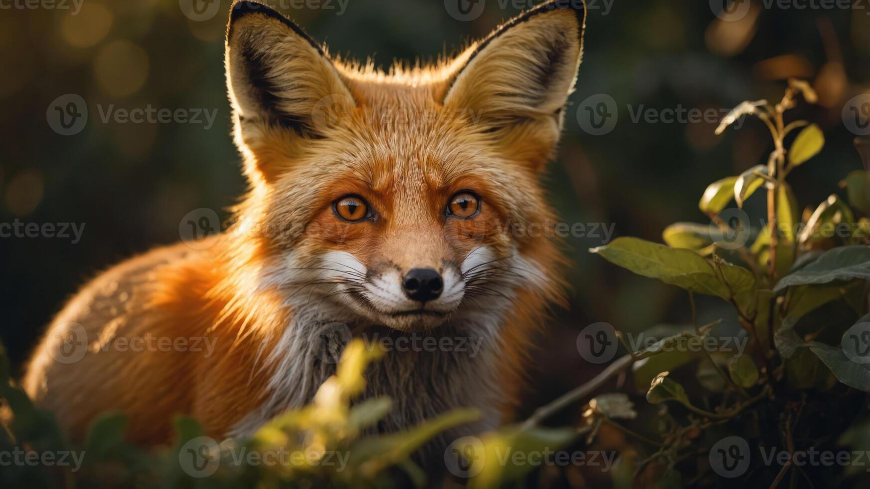A close-up of a red fox with bright eyes in a natural setting. photo
