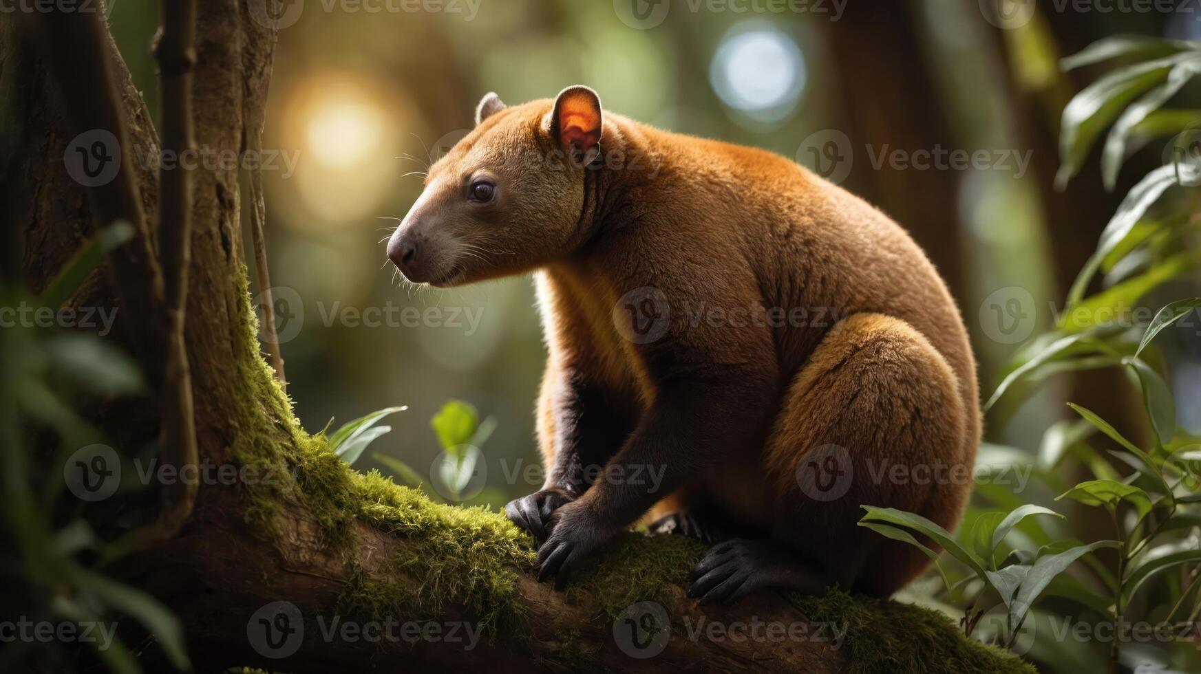 A close-up of a brown animal perched on a mossy tree branch in a lush forest. photo