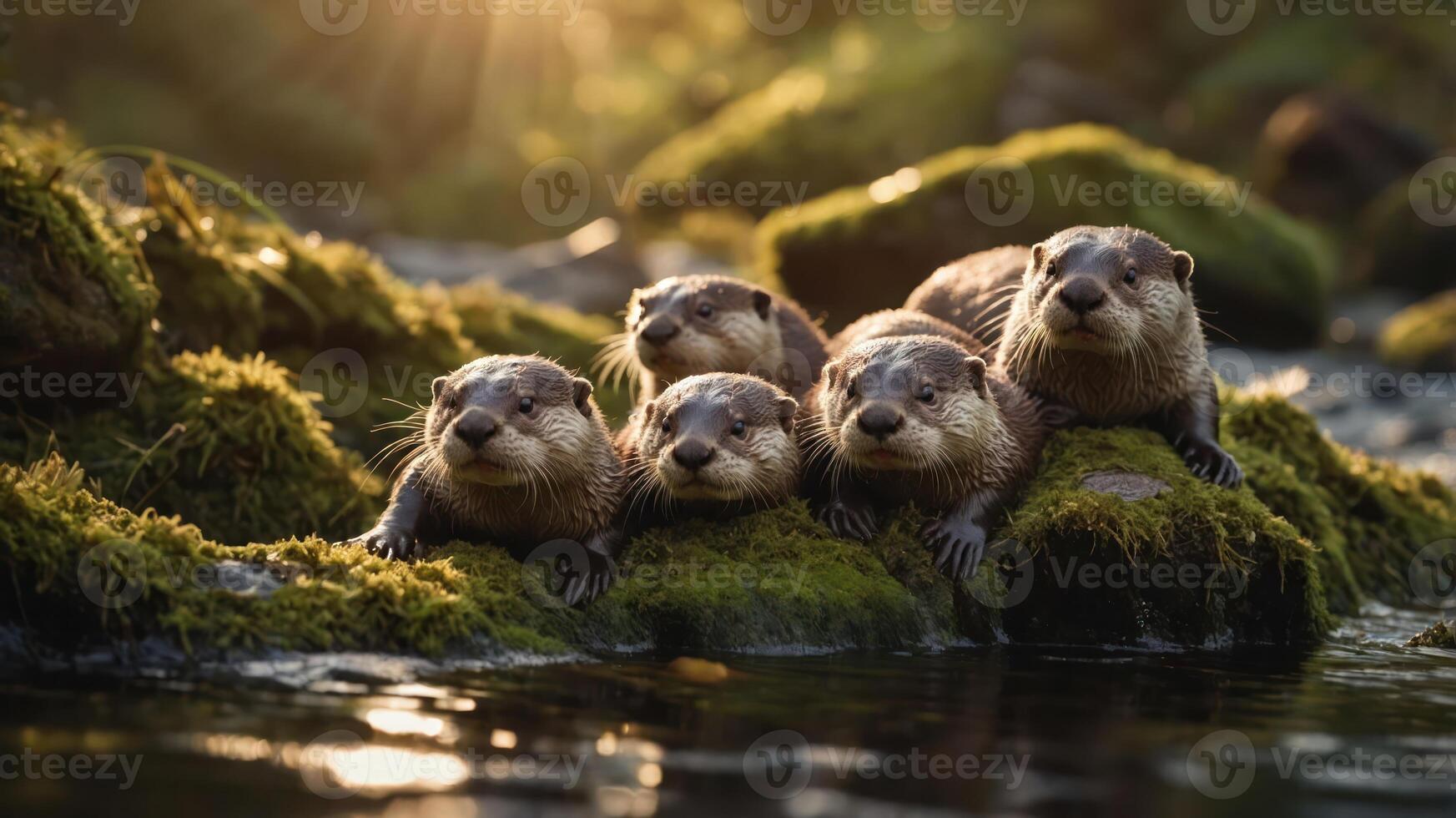 A group of five otters resting on rocks by a serene water body, basking in warm sunlight. photo