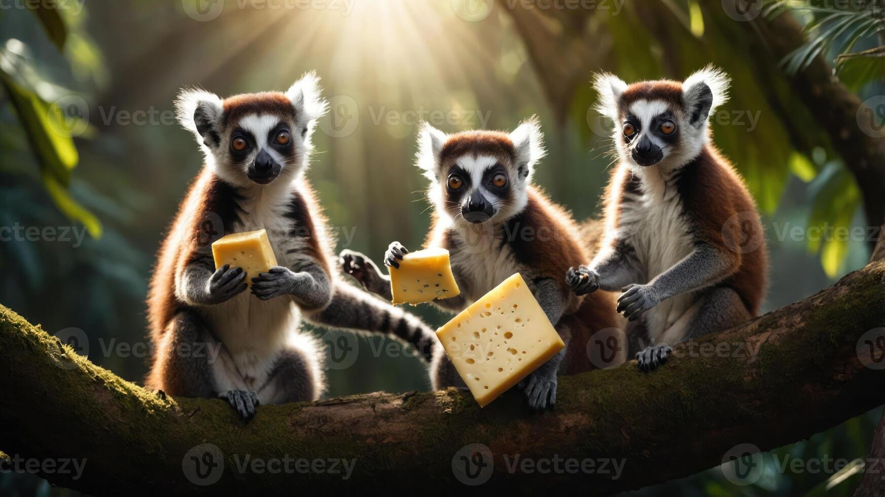 Three lemurs enjoying cheese on a branch in a sunlit forest. photo