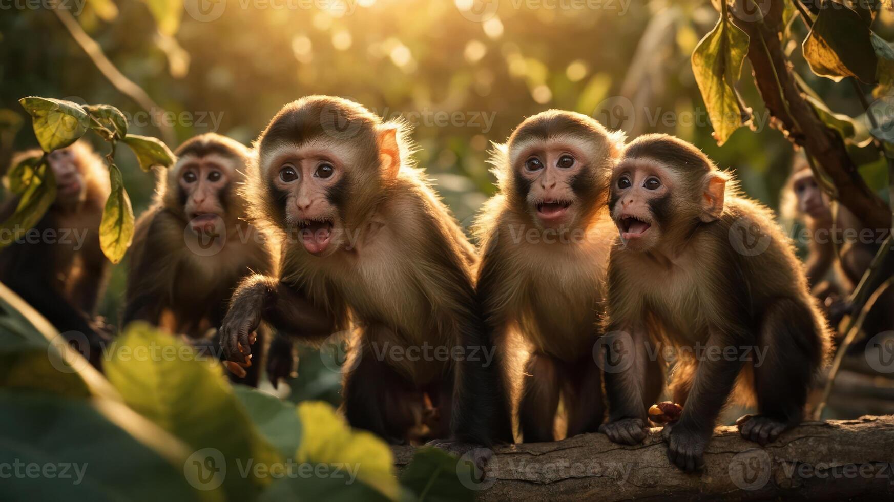 A group of playful monkeys in a lush, sunlit forest setting. photo
