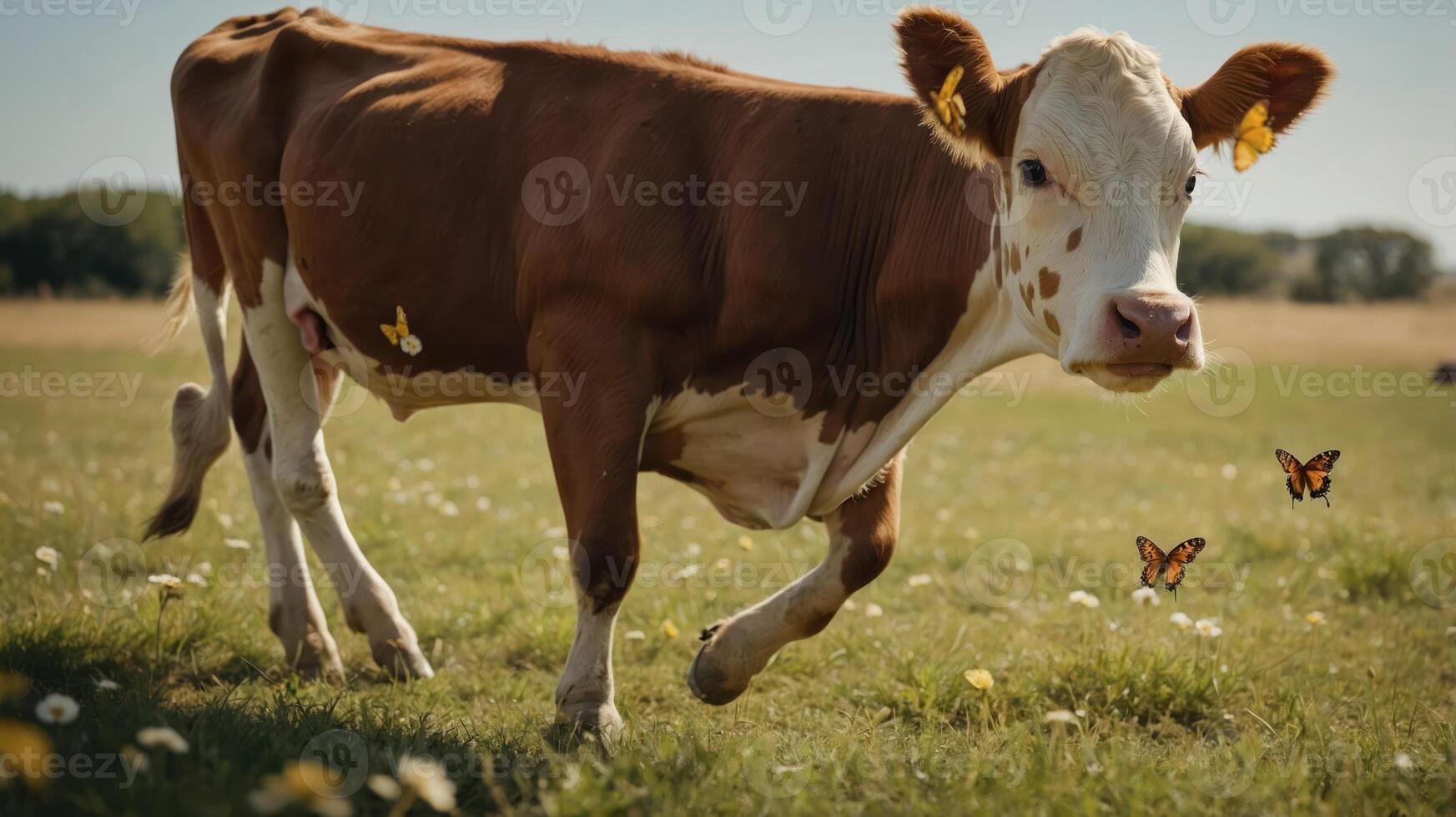 A playful cow in a sunny field surrounded by butterflies and flowers. photo