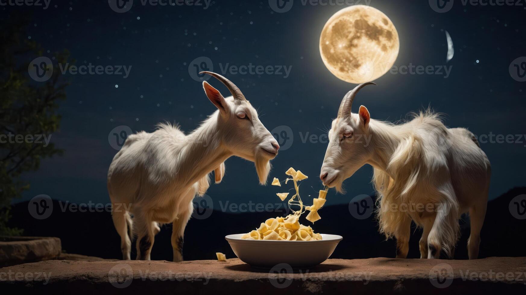 Two goats eating pasta under a full moon in a starry night sky. photo