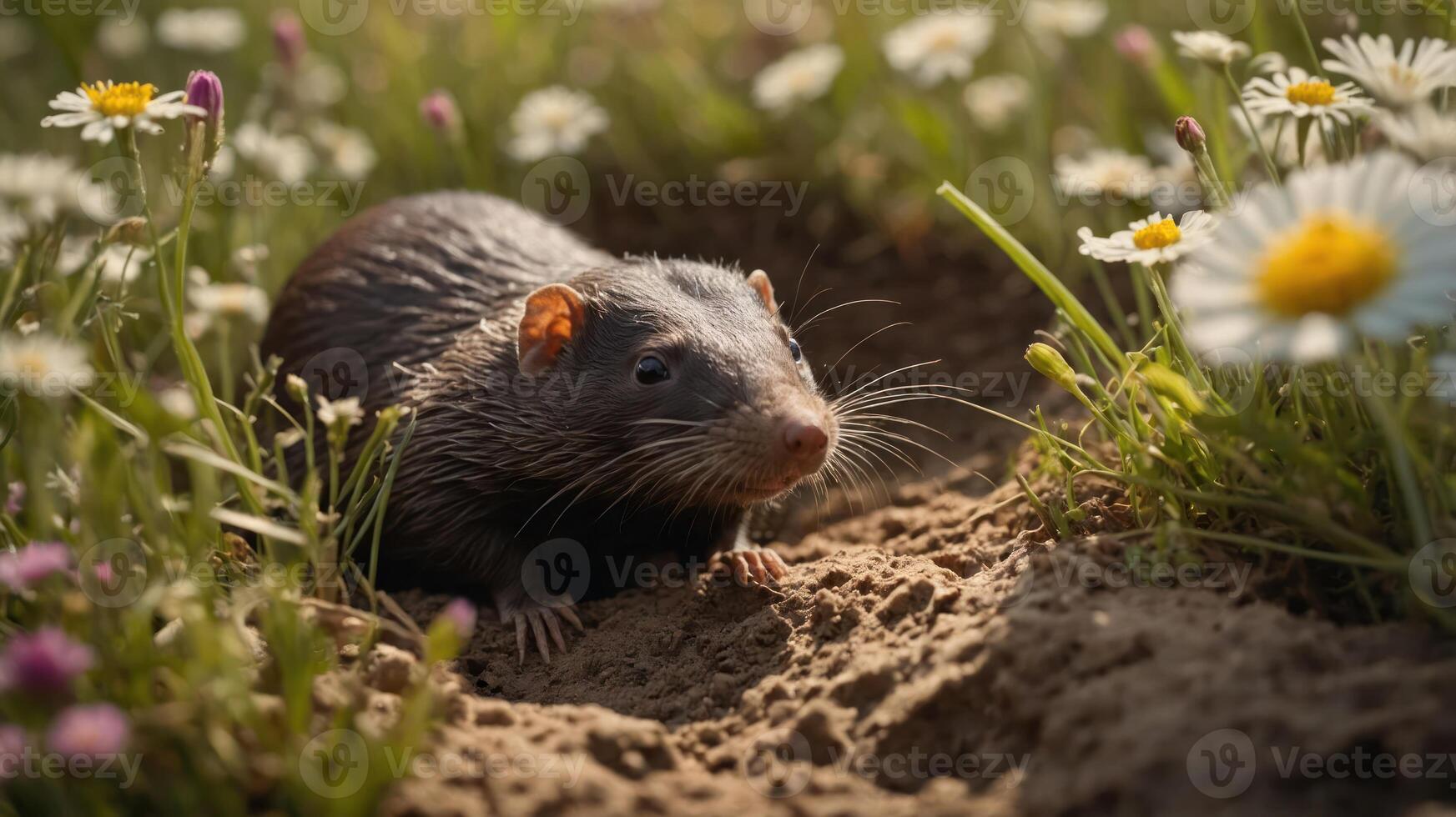 A close-up of a small mammal among flowers in a natural setting. photo