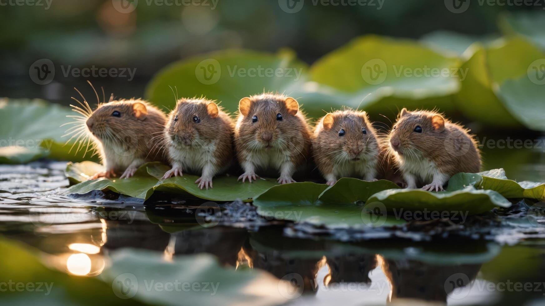 Five cute rodents sitting on lily pads in a serene water setting. photo