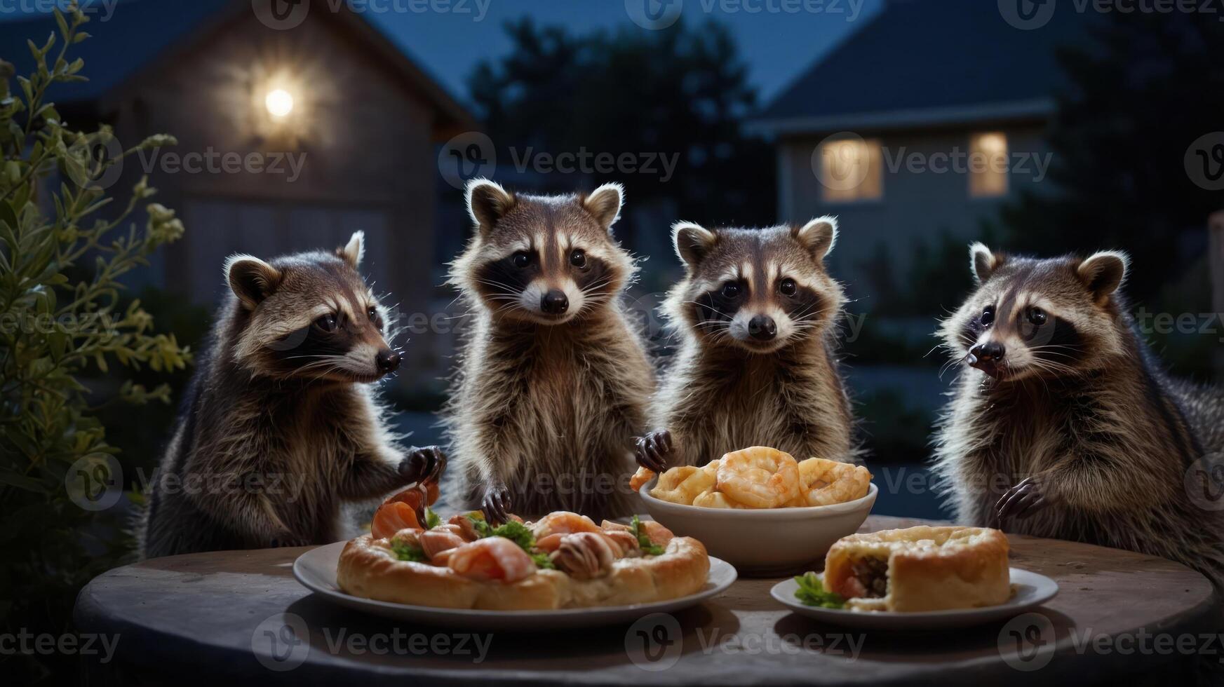 A group of raccoons enjoying a feast at night, gathered around a table with food. photo
