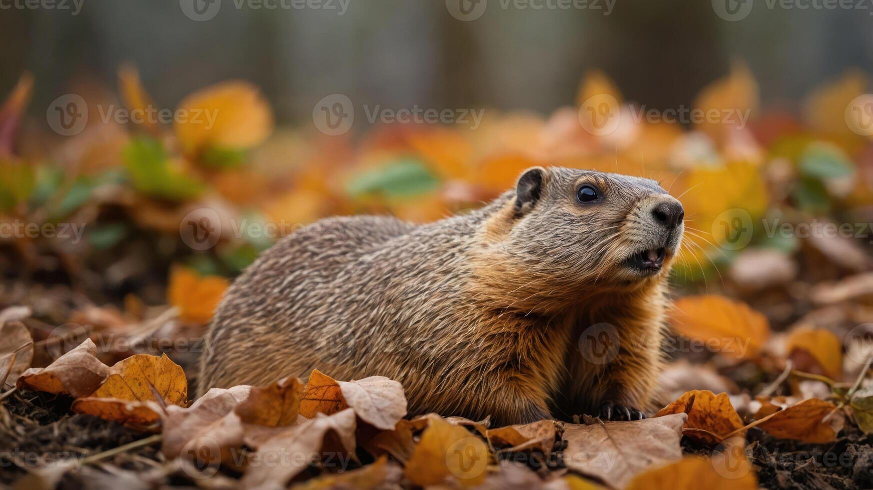 A close-up of a groundhog among colorful autumn leaves in a natural setting. photo
