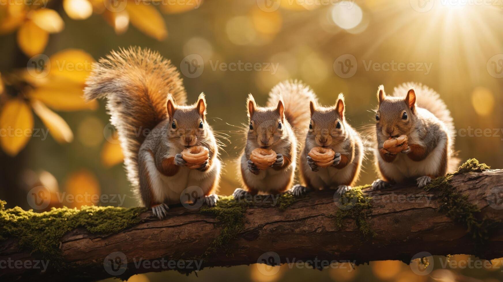 Four squirrels sitting on a log, enjoying snacks amidst a warm autumn backdrop. photo
