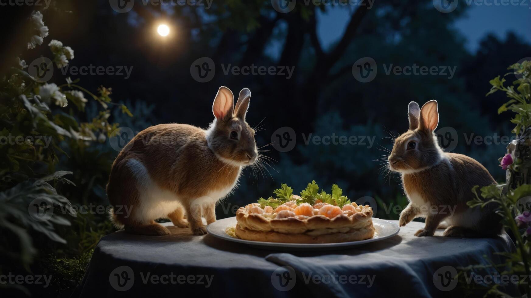 Two rabbits admire a cake on a table in a serene outdoor setting at night. photo