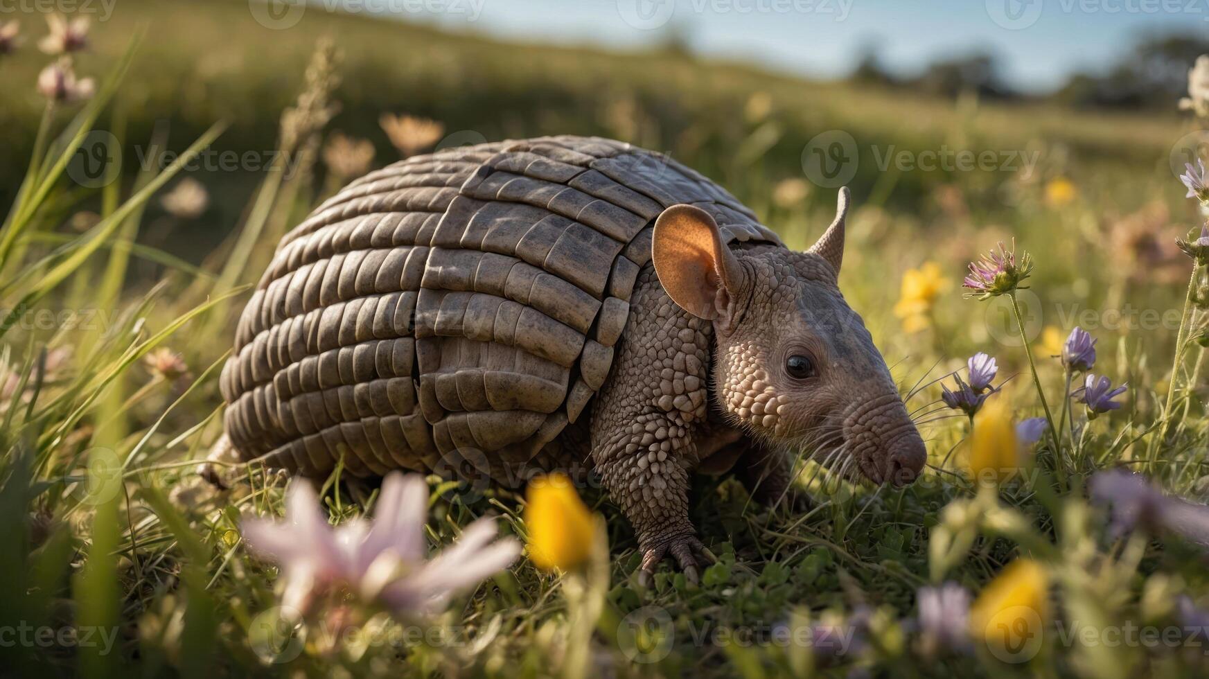 A close-up of an armadillo in a field of flowers, showcasing nature's beauty. photo