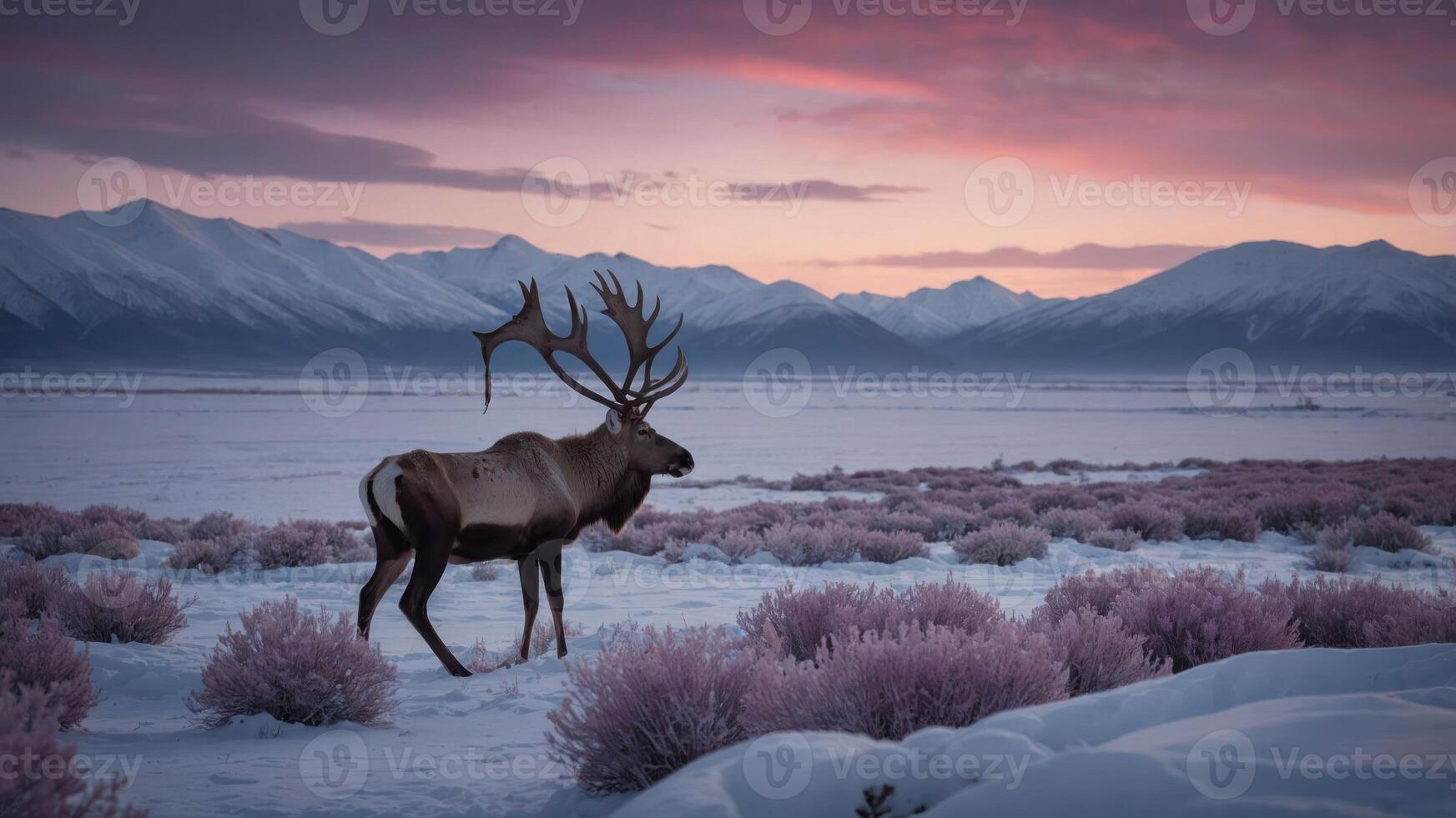 A majestic reindeer walks through a snowy landscape at sunset, surrounded by mountains and flora. photo