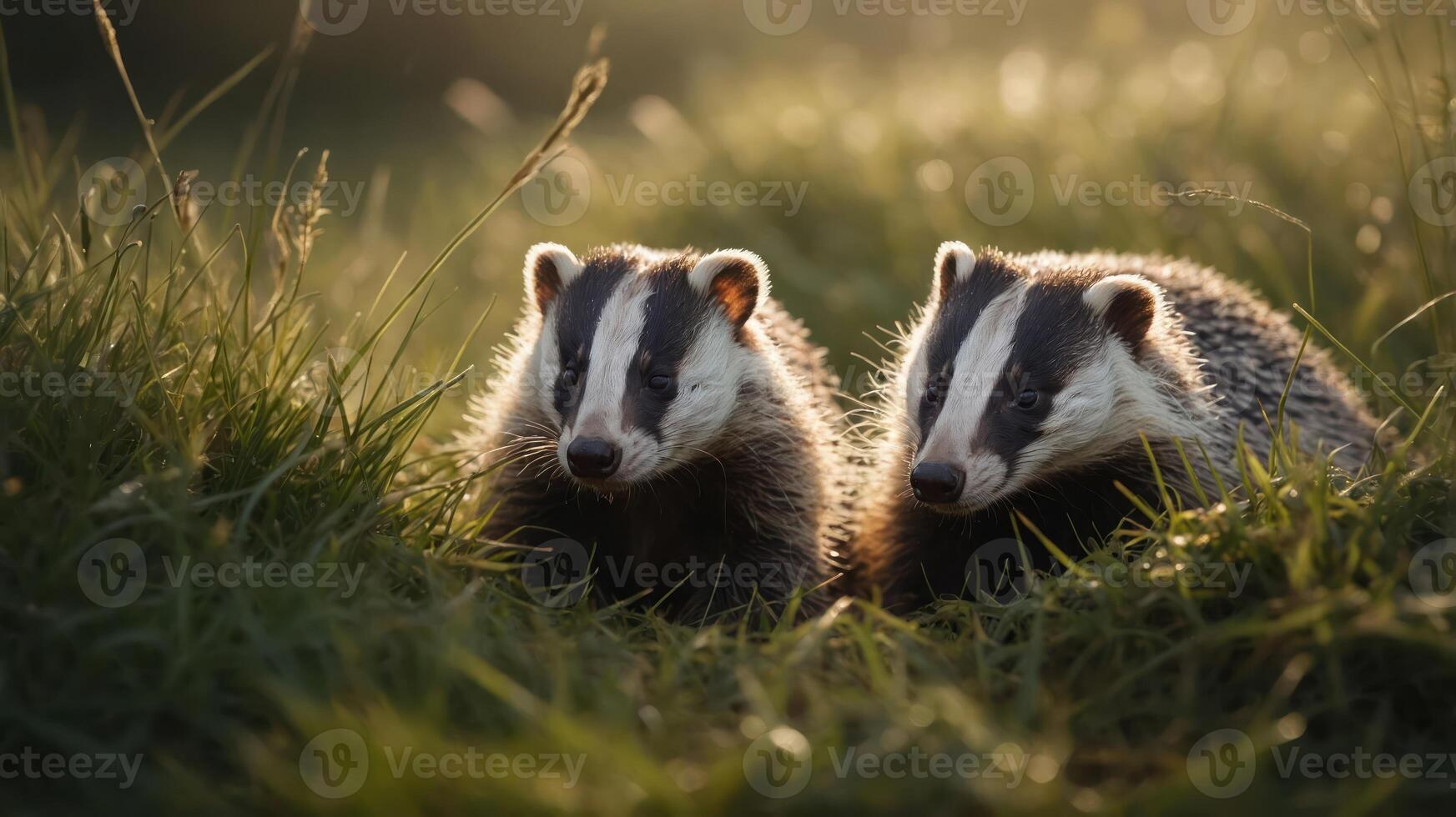 Two badgers resting in tall grass during golden hour. photo
