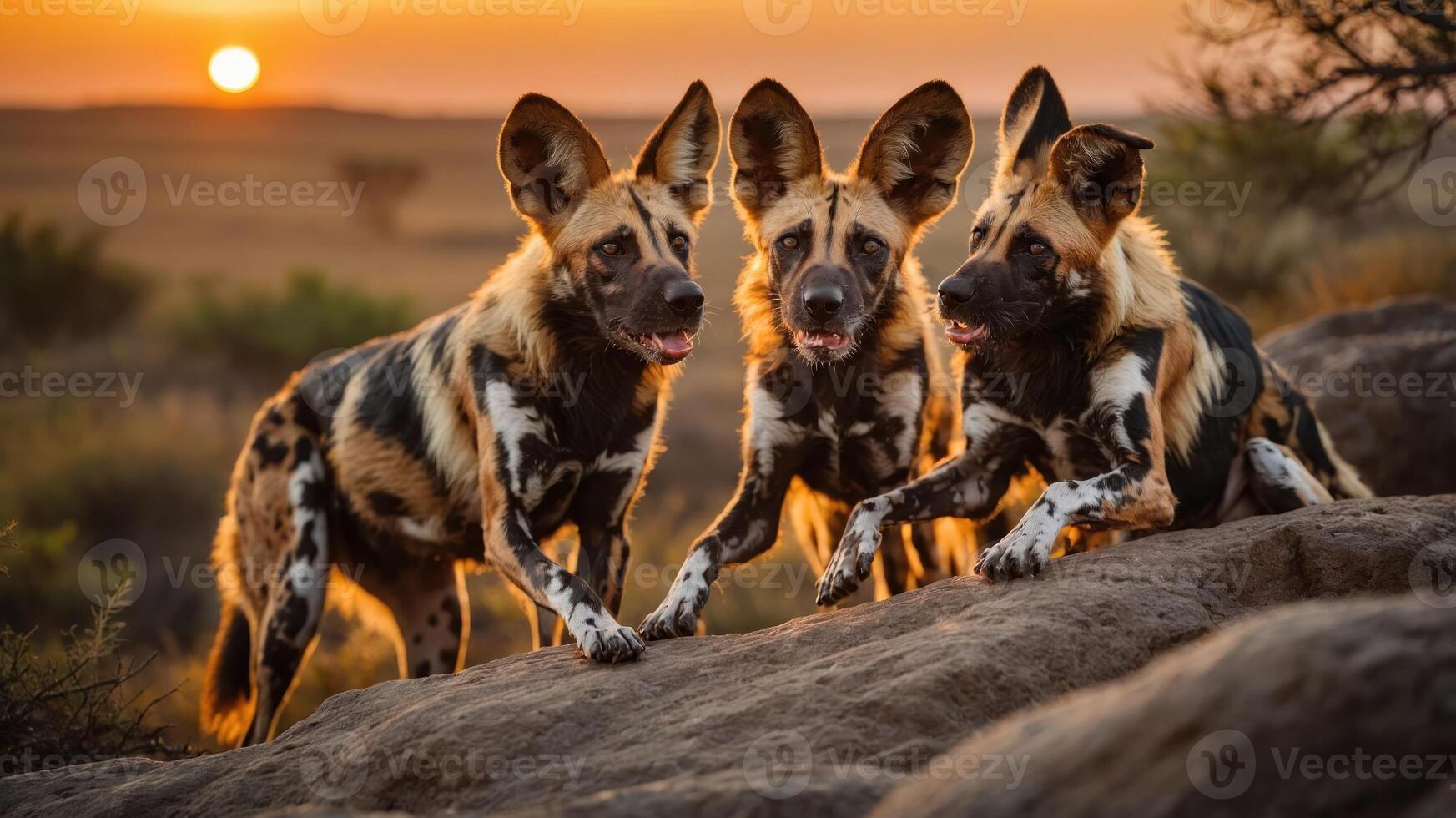 Three African wild dogs playfully interact against a sunset backdrop. photo