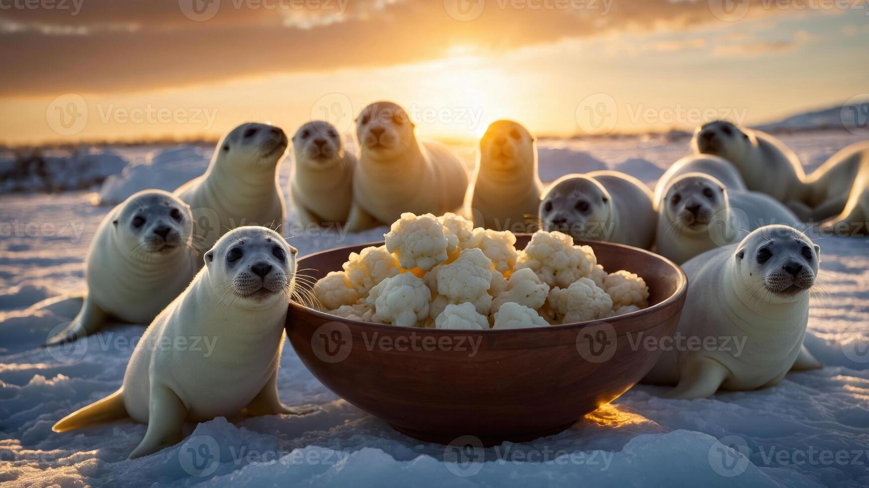 A playful scene featuring seals around a bowl of cauliflower at sunset. photo