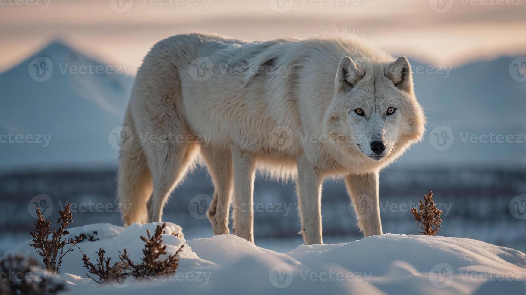 A majestic white wolf stands in a snowy landscape with mountains in the background. photo