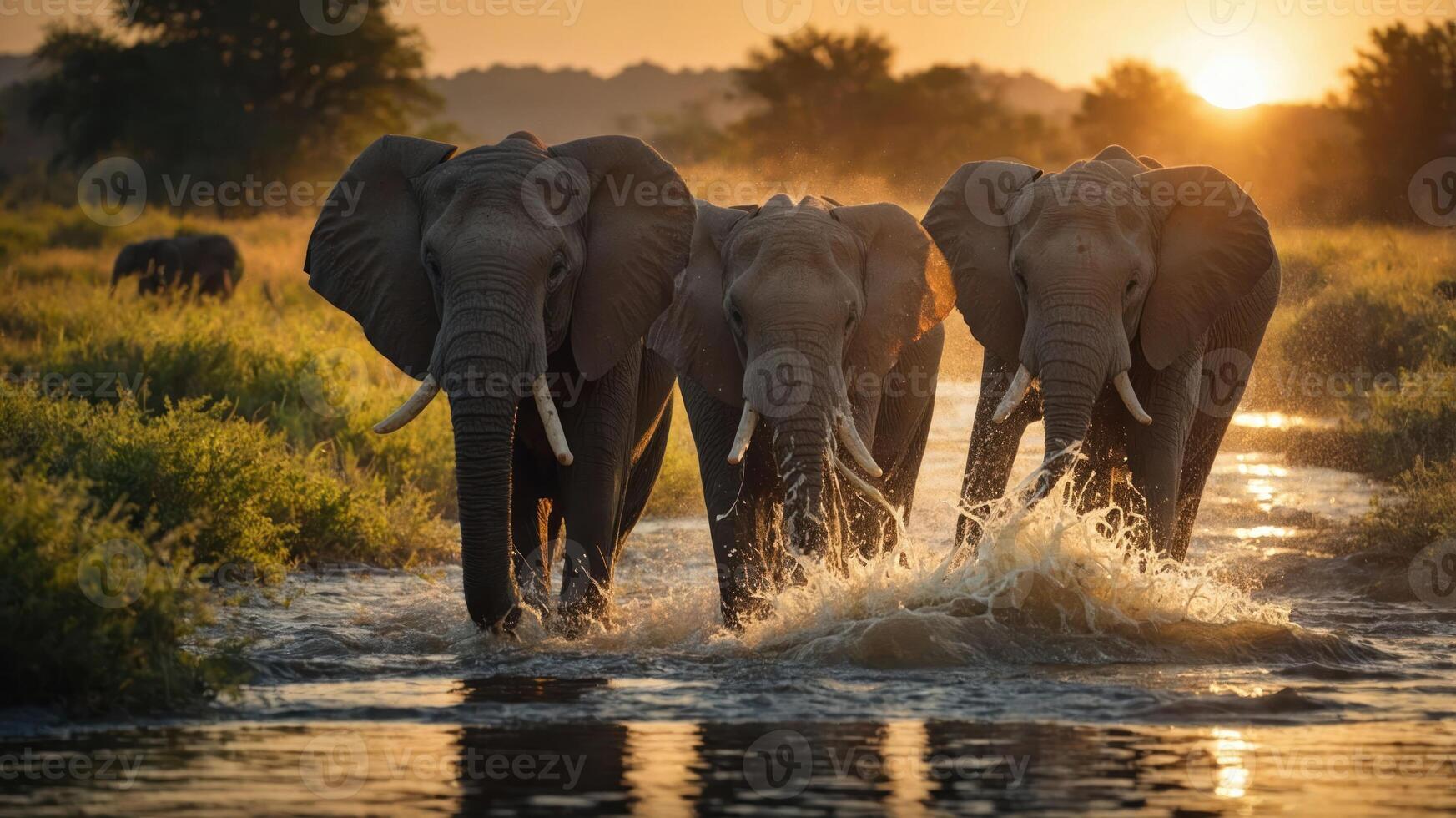 Three elephants wade through a river at sunset, showcasing wildlife in a serene environment. photo