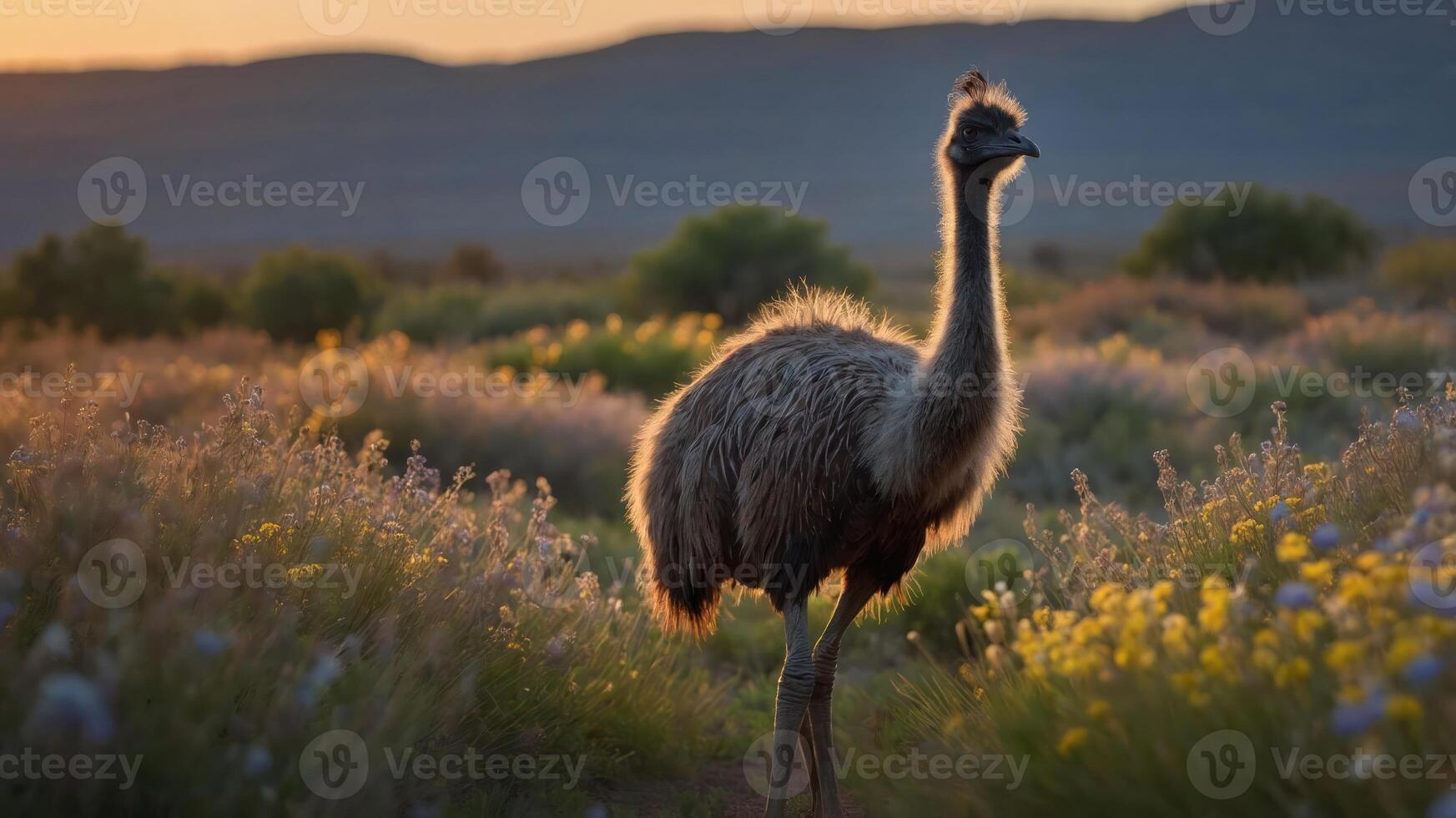An emu stands gracefully in a sunlit field of wildflowers during sunset. photo