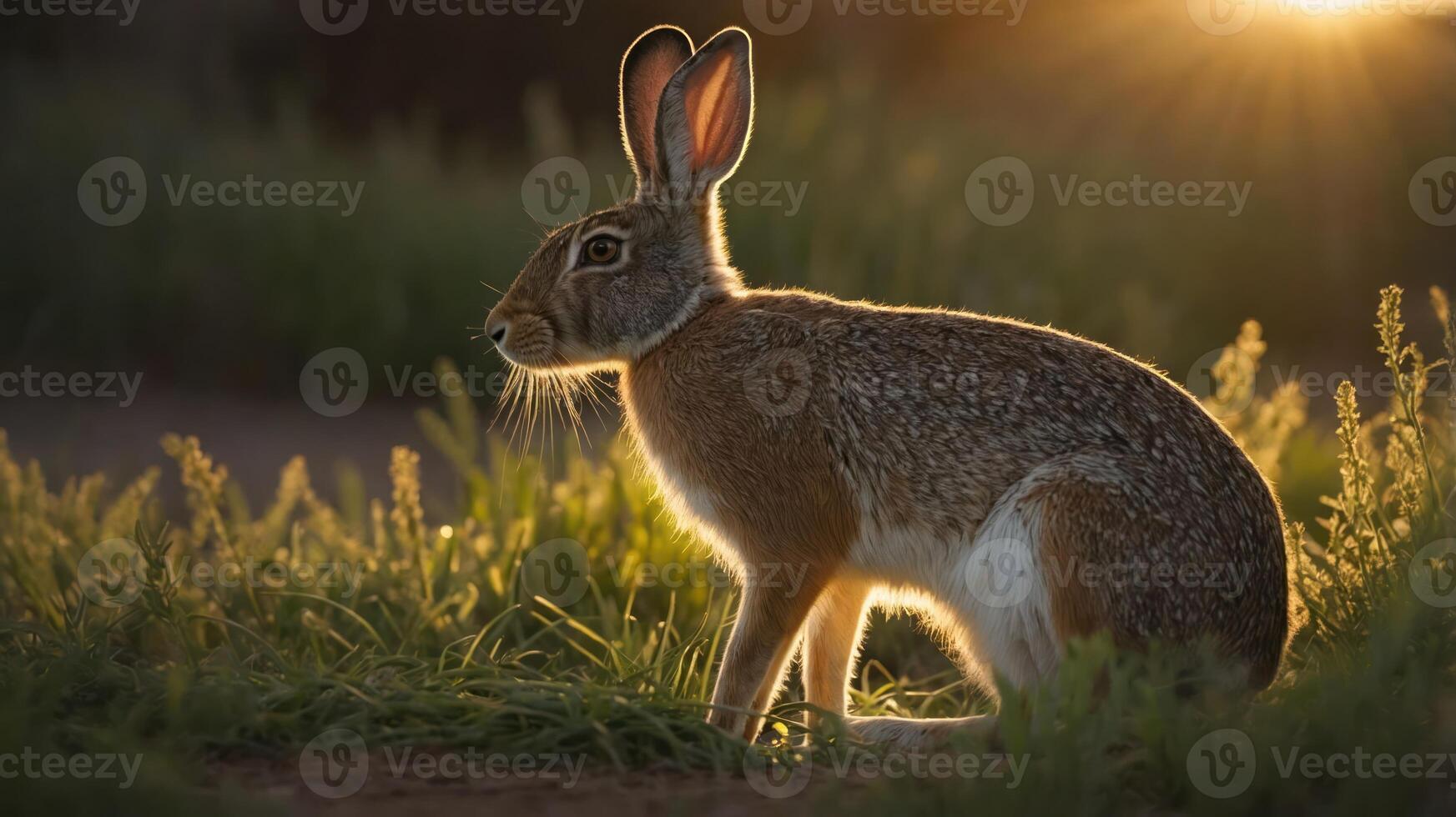 A rabbit sitting in a sunlit field during golden hour. photo