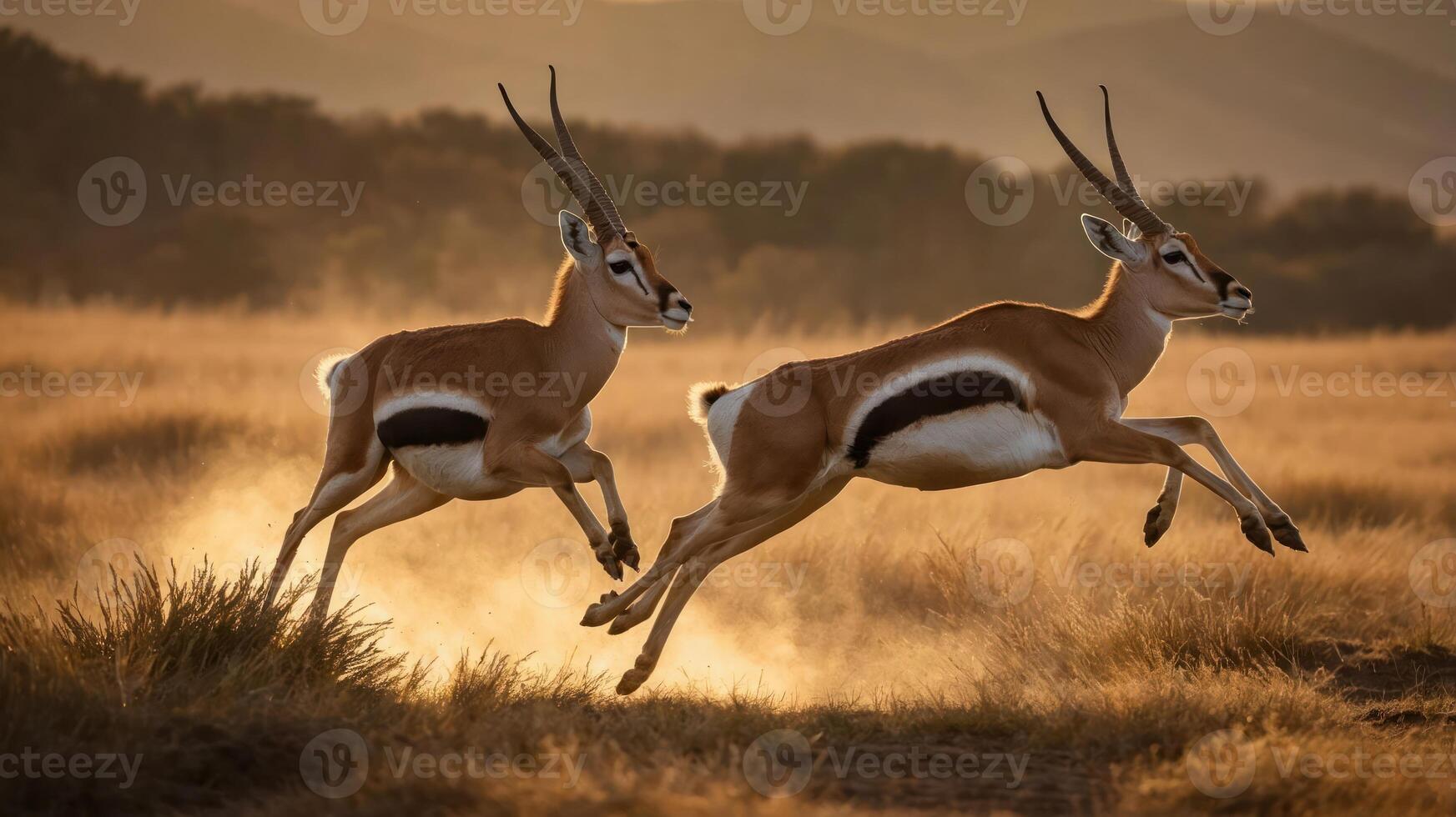 Two antelopes leaping gracefully across a sunlit landscape at dusk. photo