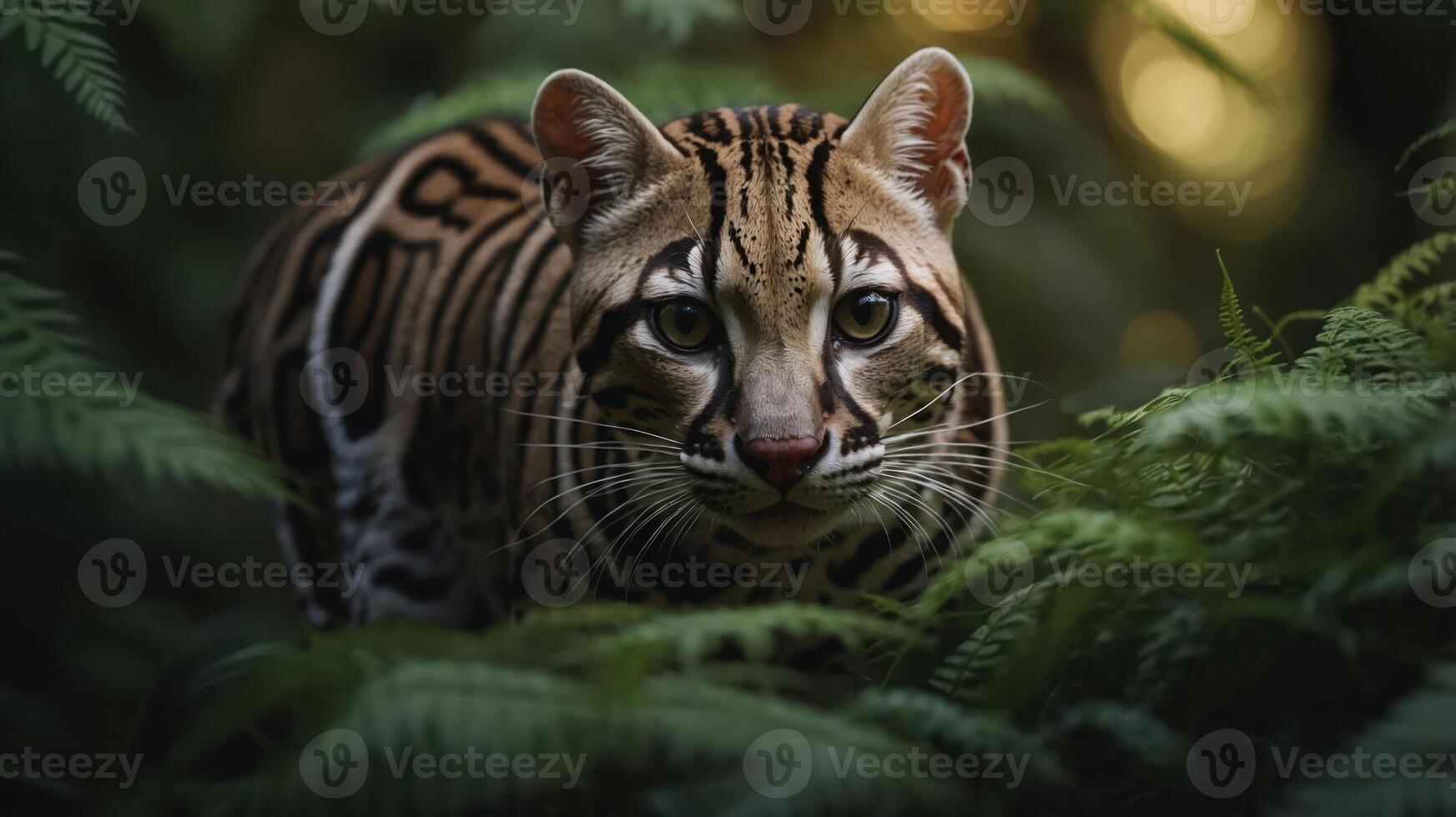 A close-up of an ocelot in a lush green environment, showcasing its striking fur patterns. photo