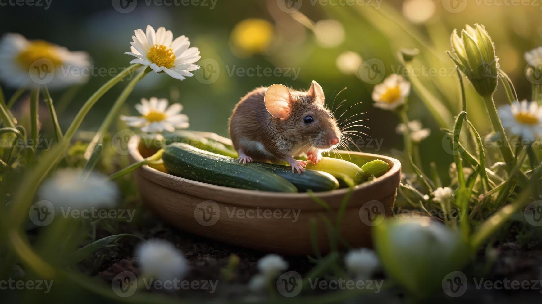 A mouse perched on cucumbers in a wooden bowl surrounded by flowers in a sunlit garden. photo