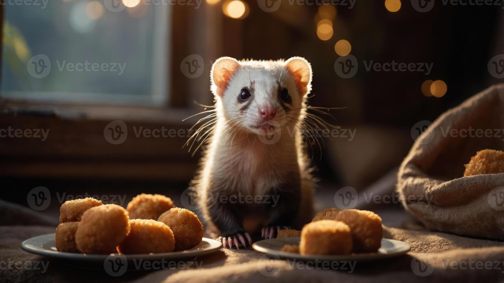 A ferret sits between plates of food, gazing curiously at the viewer in a cozy setting. photo