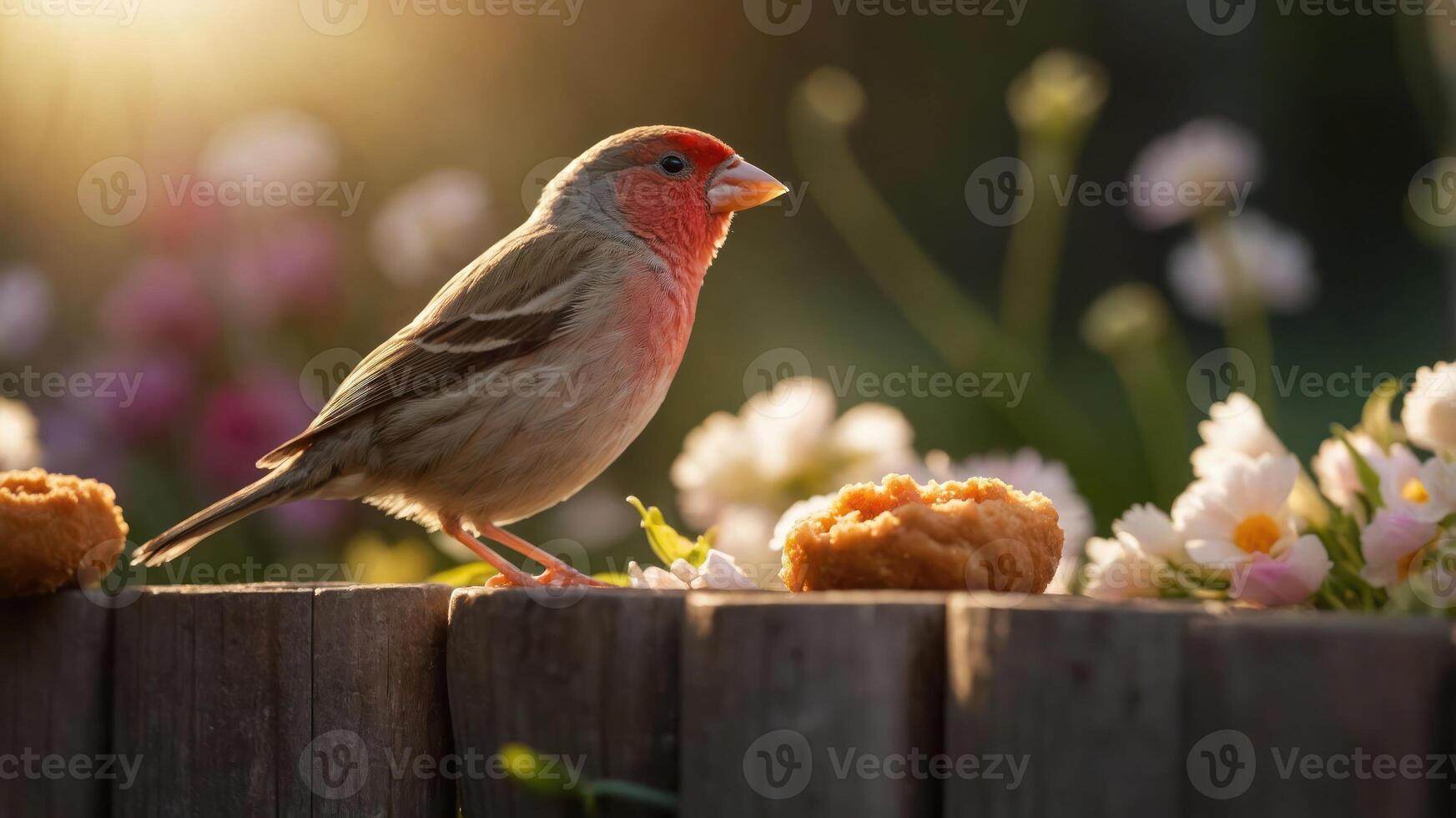 A vibrant bird perched near treats amidst blooming flowers in soft sunlight. photo
